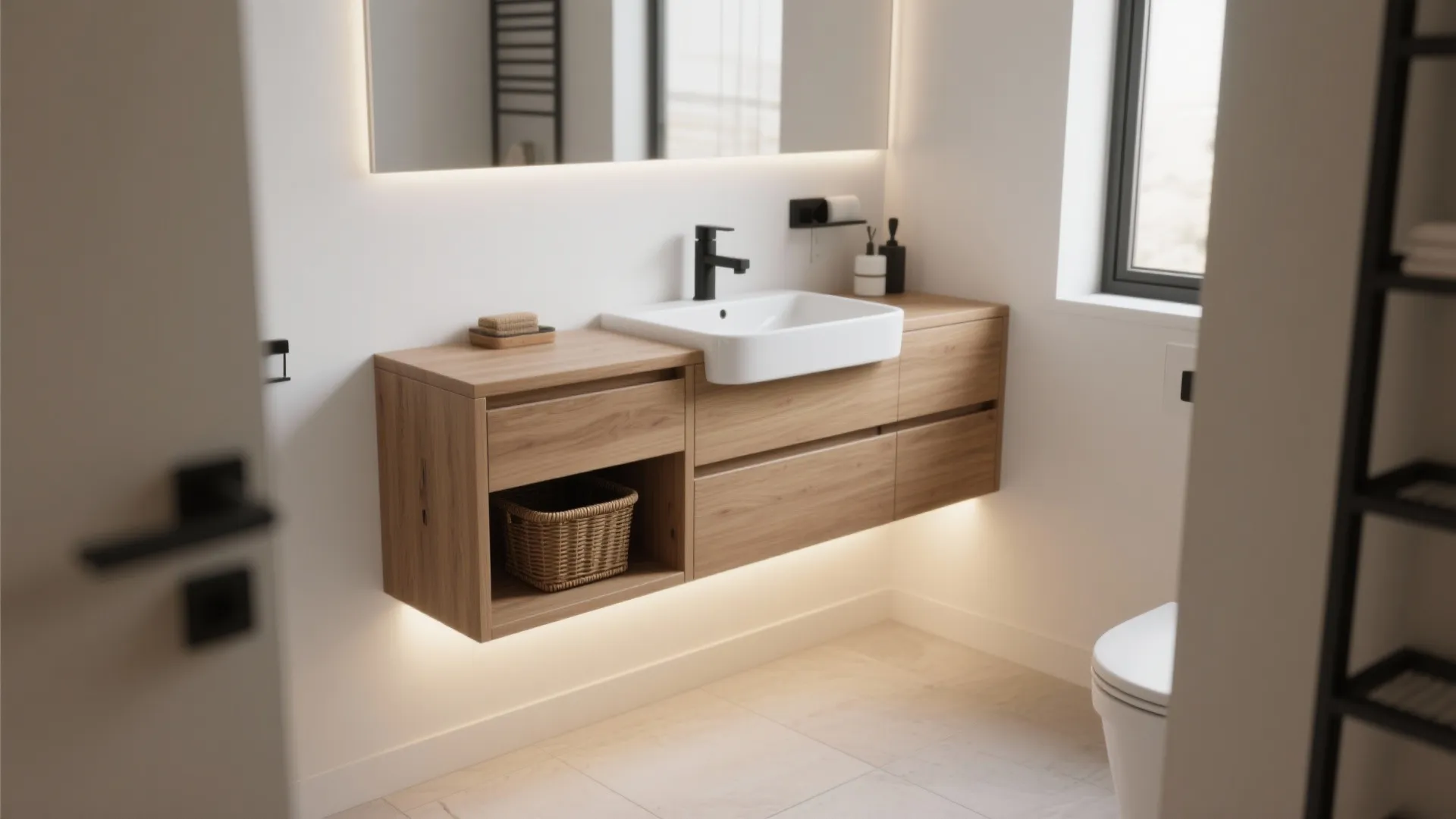 2. Floating vanities and concealed storage