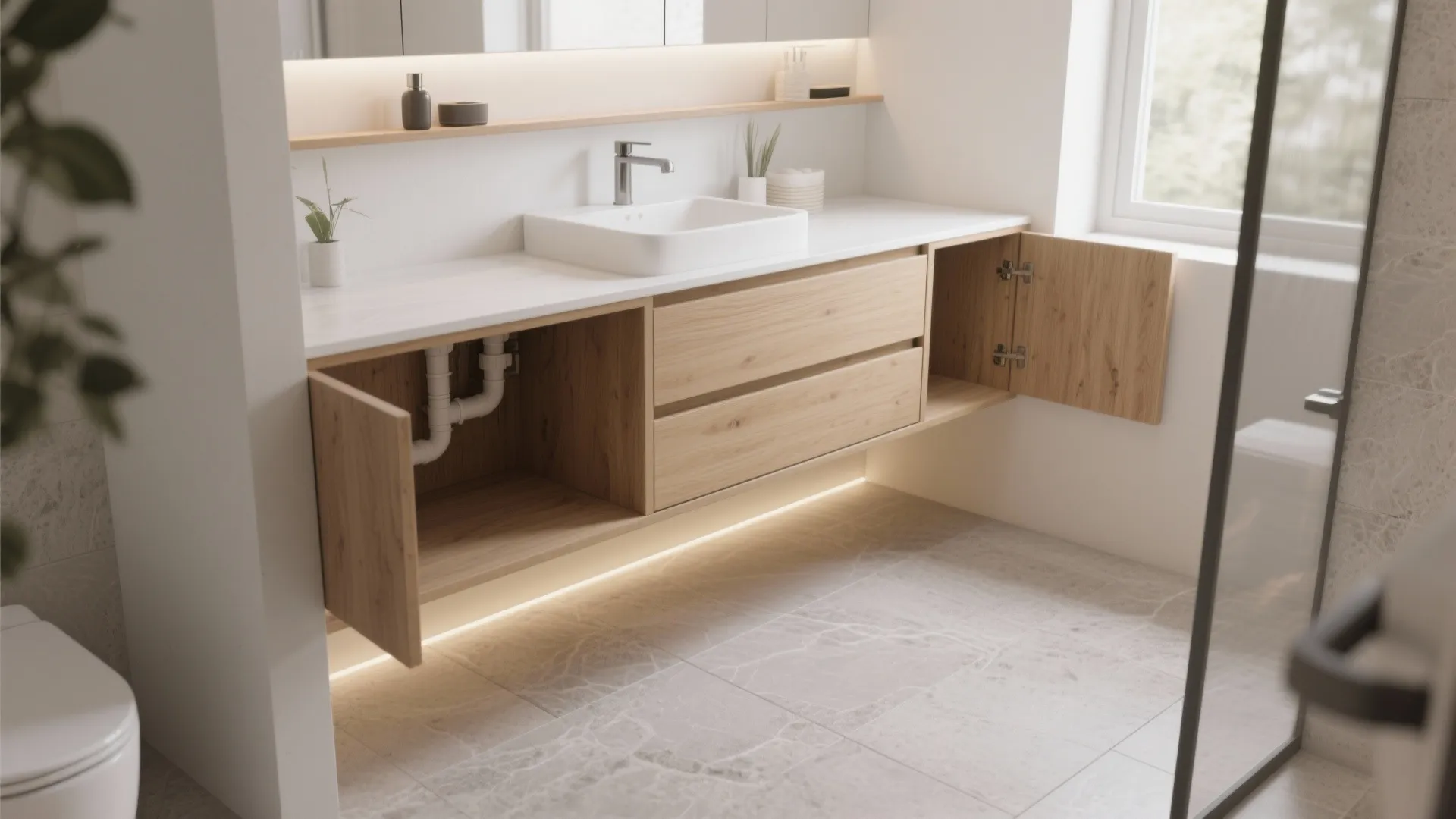 2. Floating Vanities and Concealed Storage