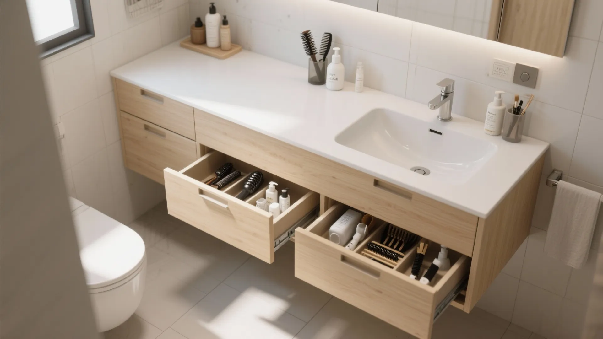 3. Strategic Storage with Floating Vanities