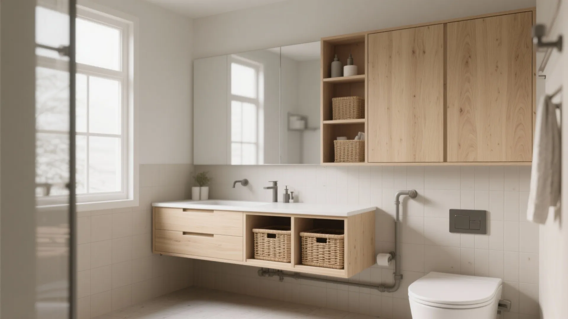 Light wood bathroom cabinet with white sink mirror storage baskets and white tile wall with window