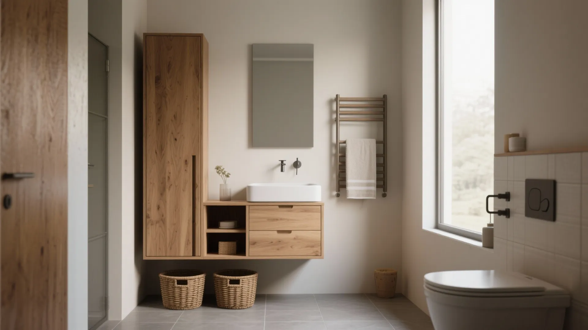 Minimalist bathroom featuring floating wood cabinet white sink tall cupboard mirror and large bright window