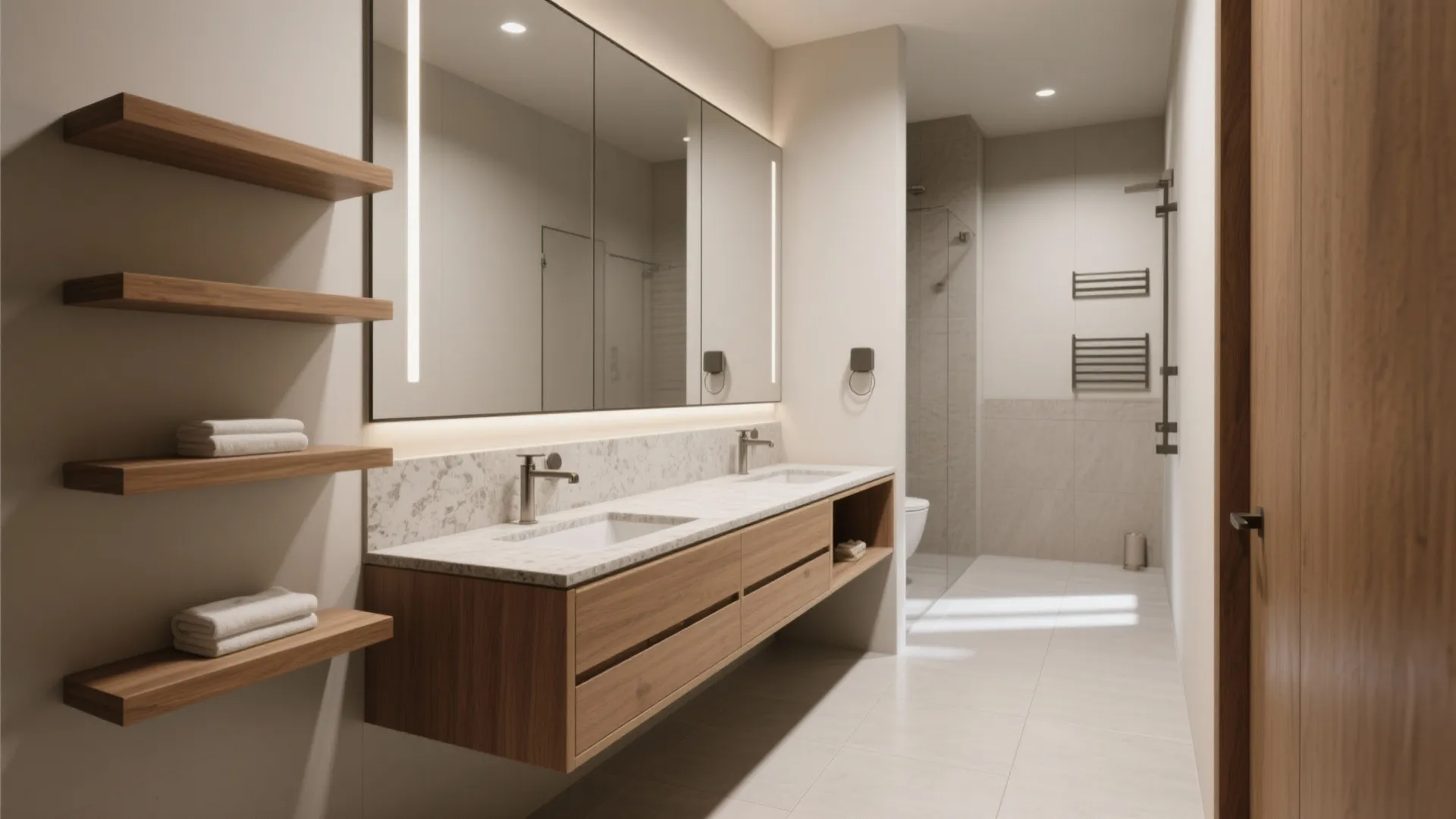 Long wooden floating cabinet with two sinks large mirror and open shelves in bright bathroom
