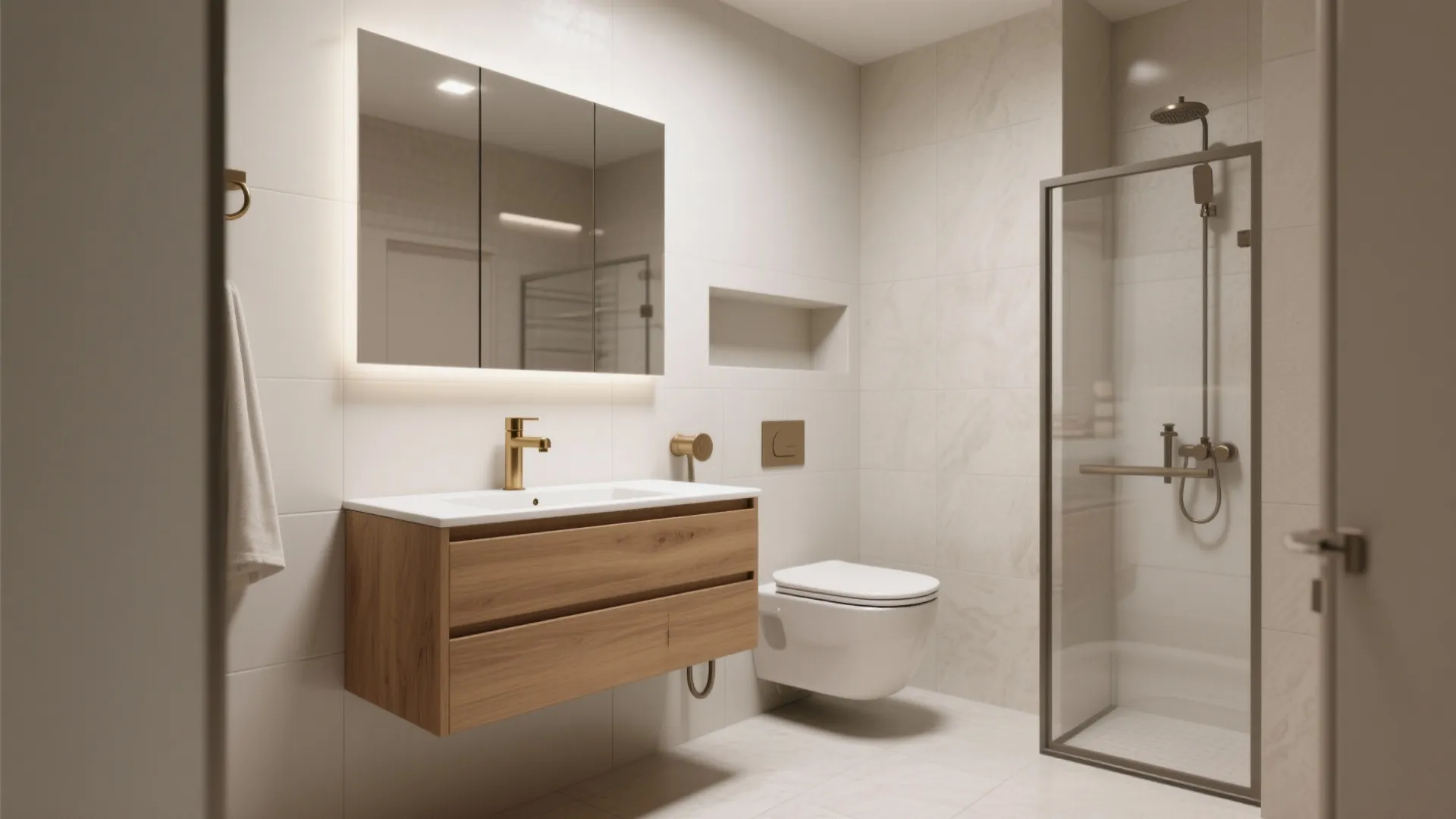 2) Opt for a floating vanity and wall-mounted fixtures