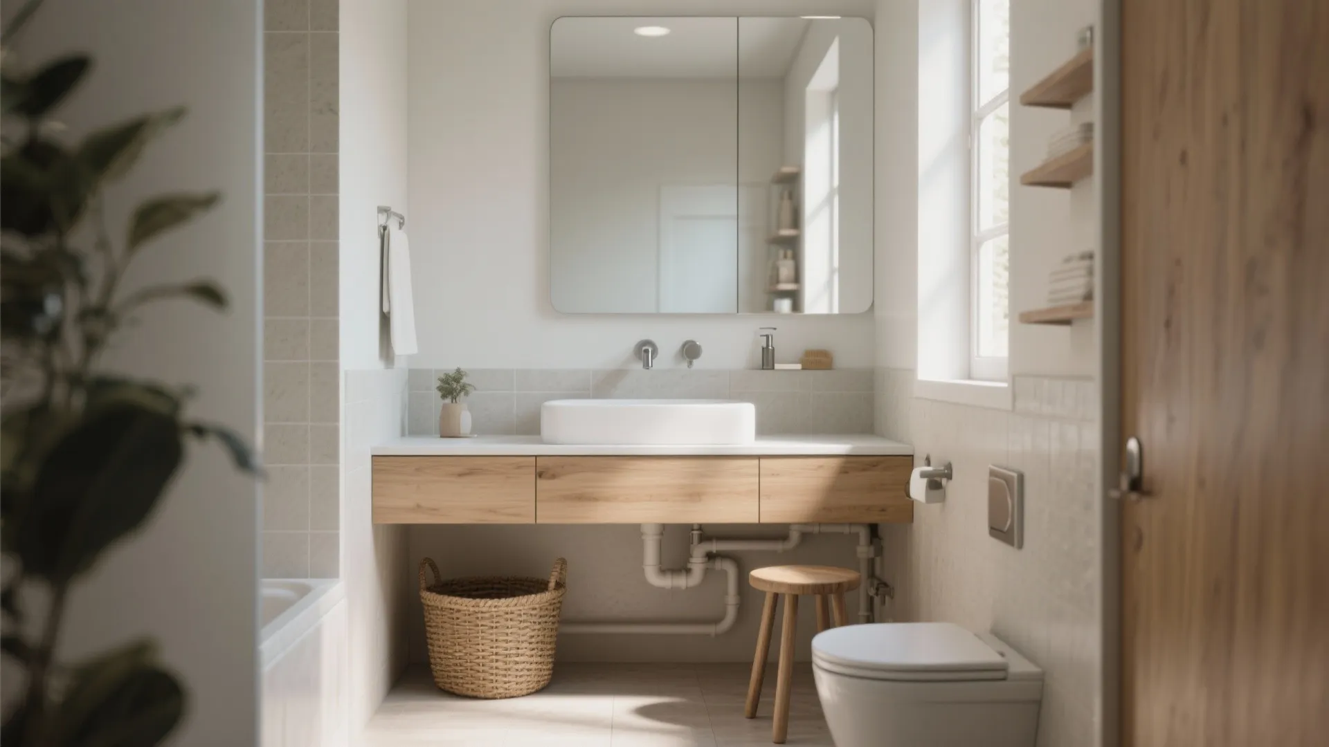 Bright bathroom with wooden cabinet white sink round mirror basket and small wooden stool seat
