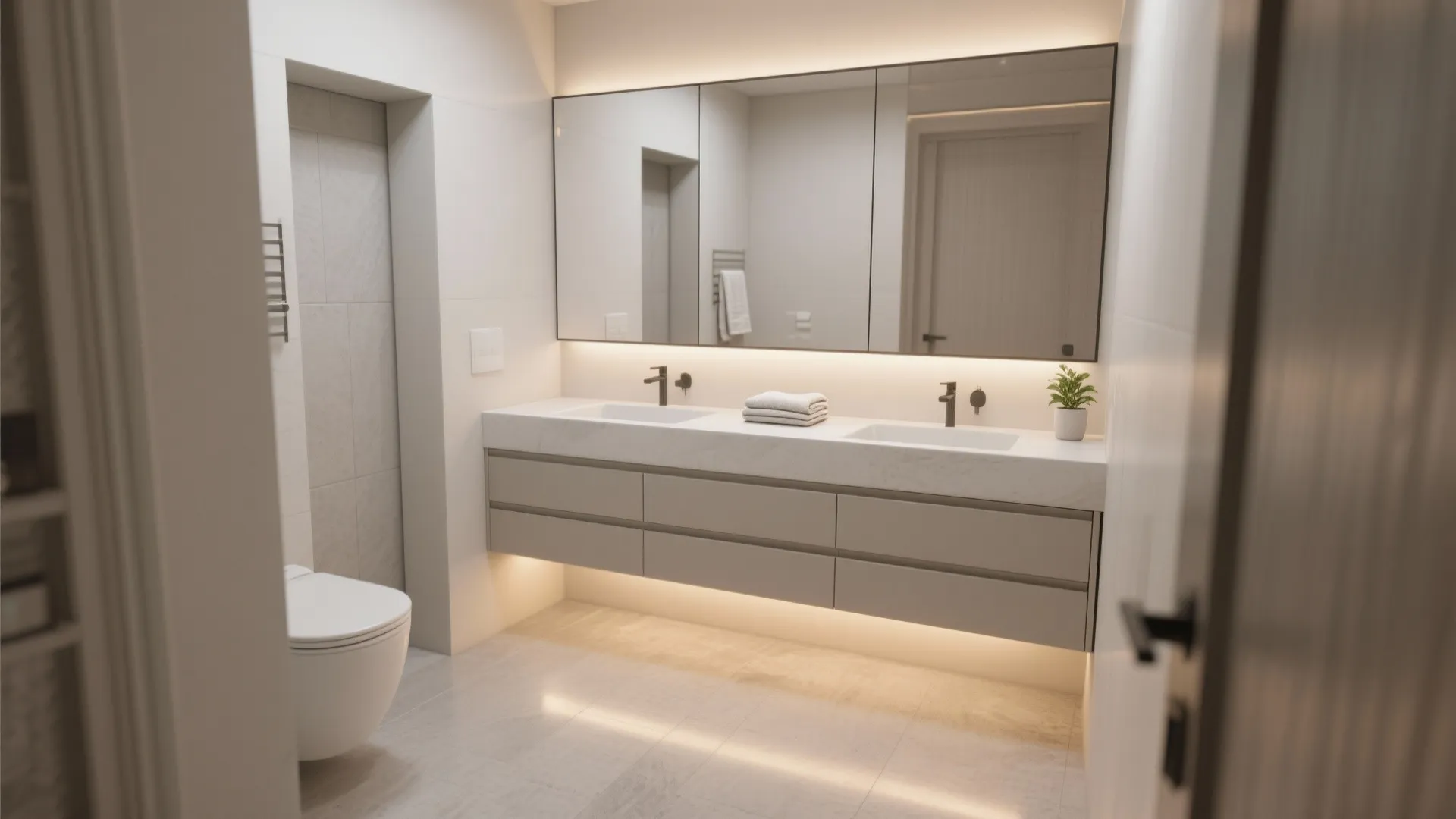 Modern bathroom featuring floating grey cabinet with double sinks large mirror and soft warm lighting