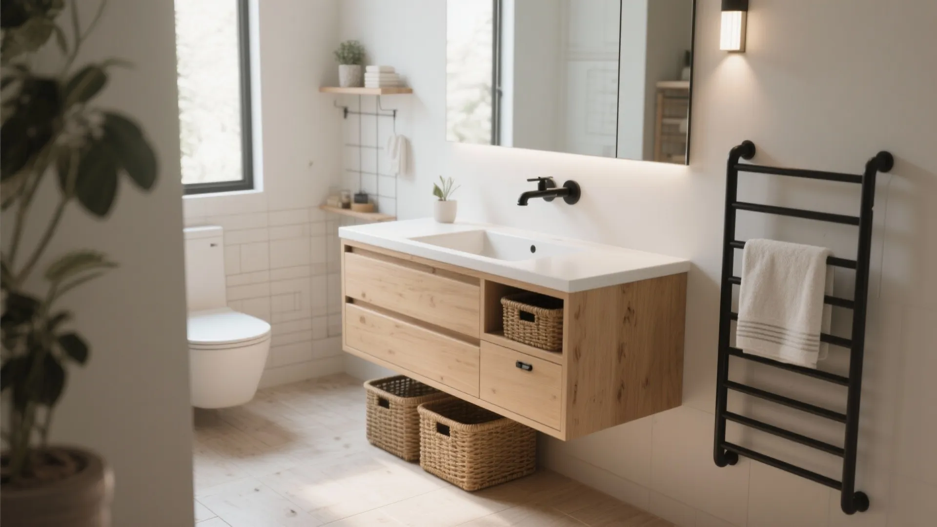 Bright bathroom with floating wood cabinet white sink black towel rack baskets and a potted plant