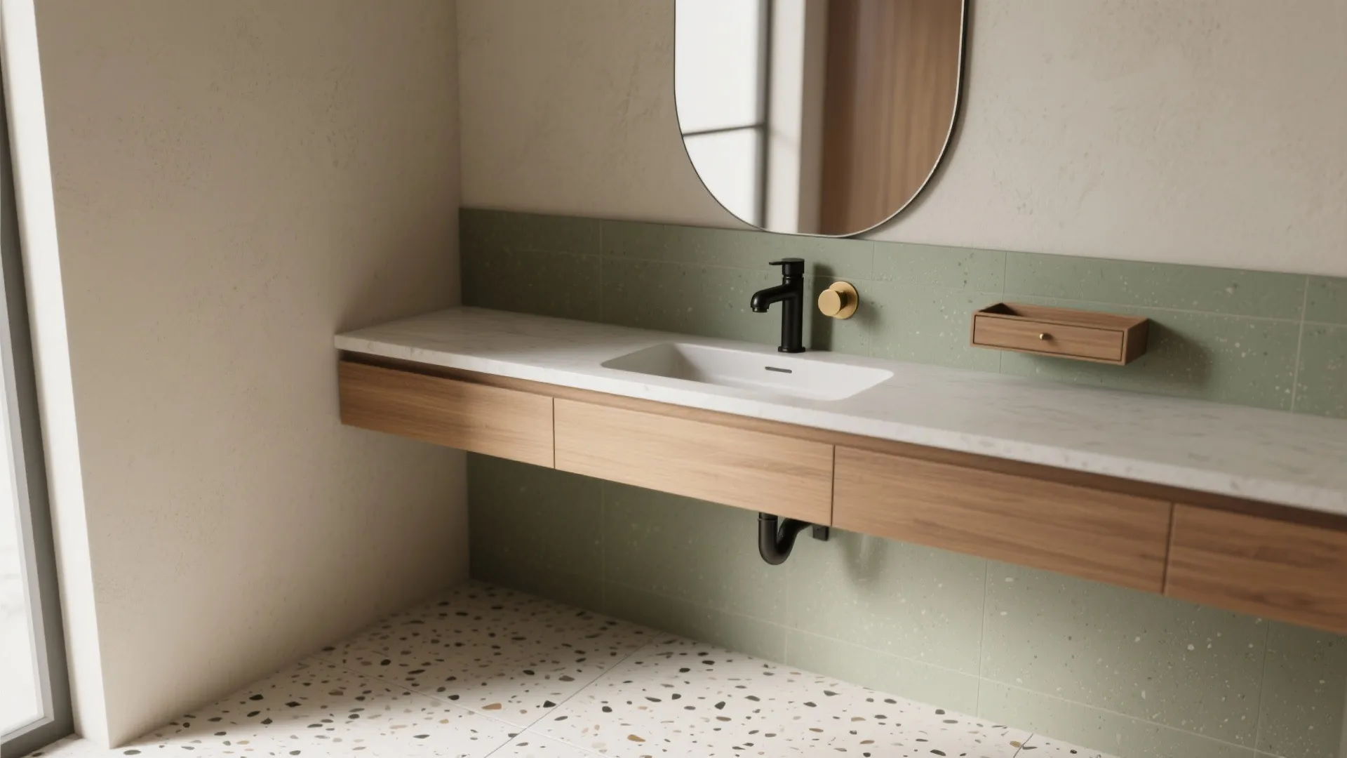 Idea 2: Floating Vanity + Wall-Mounted Faucet