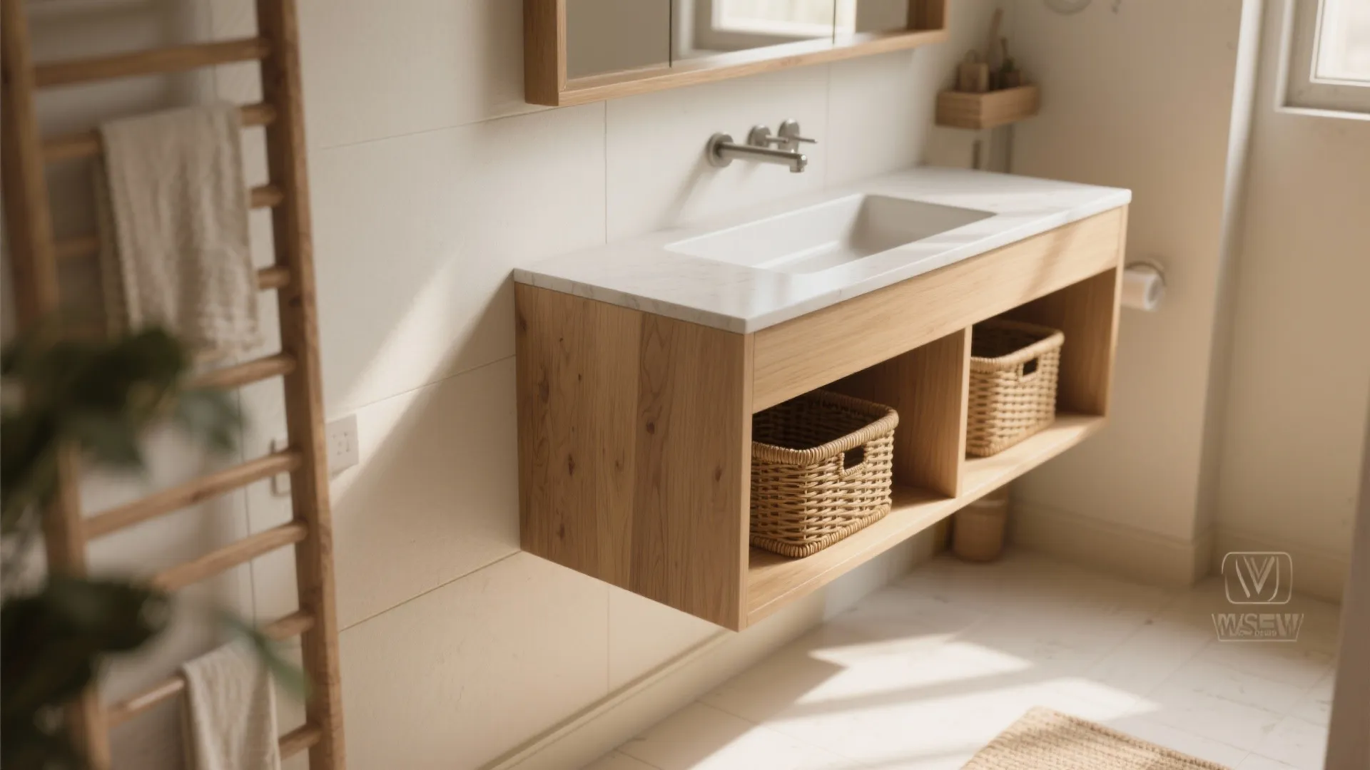 Light wood bathroom cabinet with marble top two woven baskets and a wooden towel ladder