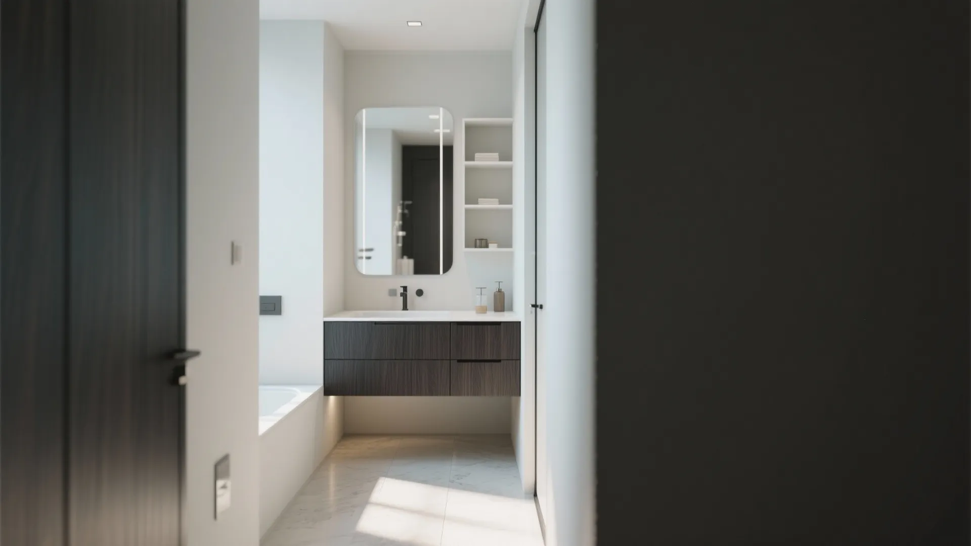 Modern bathroom with dark wood wall cabinet a large rectangular mirror and white marble floor