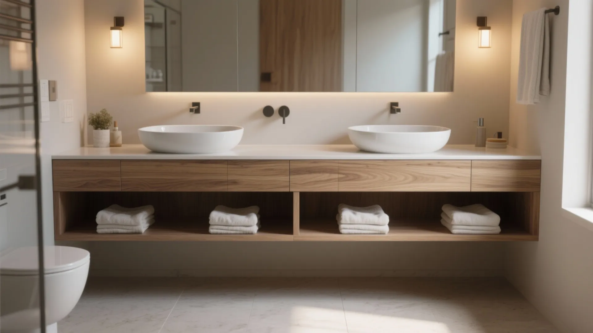 2. Floating double vanity with open lower shelves