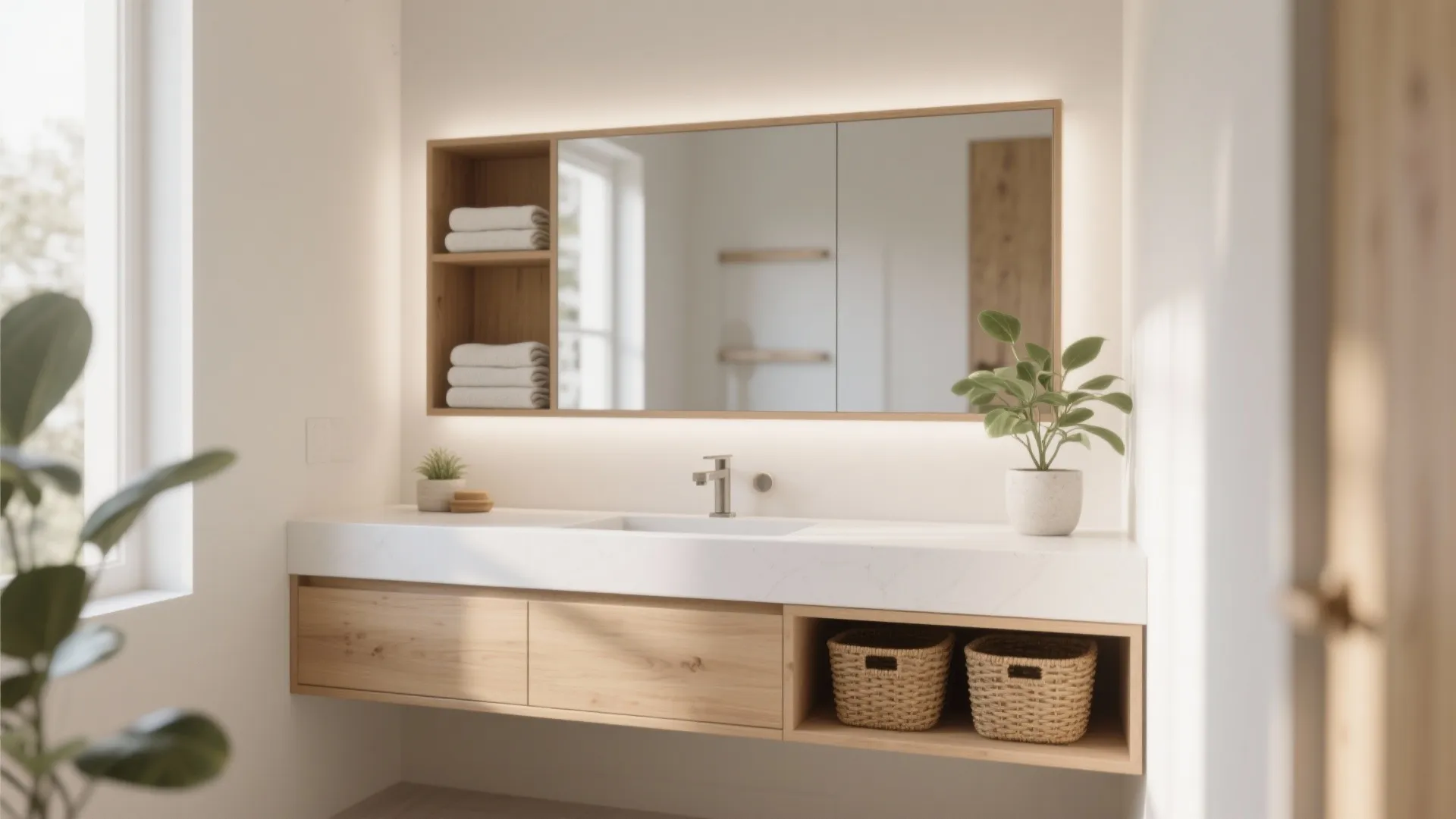 Modern wood floating cabinet with white sink large mirror built in shelves and green potted plant