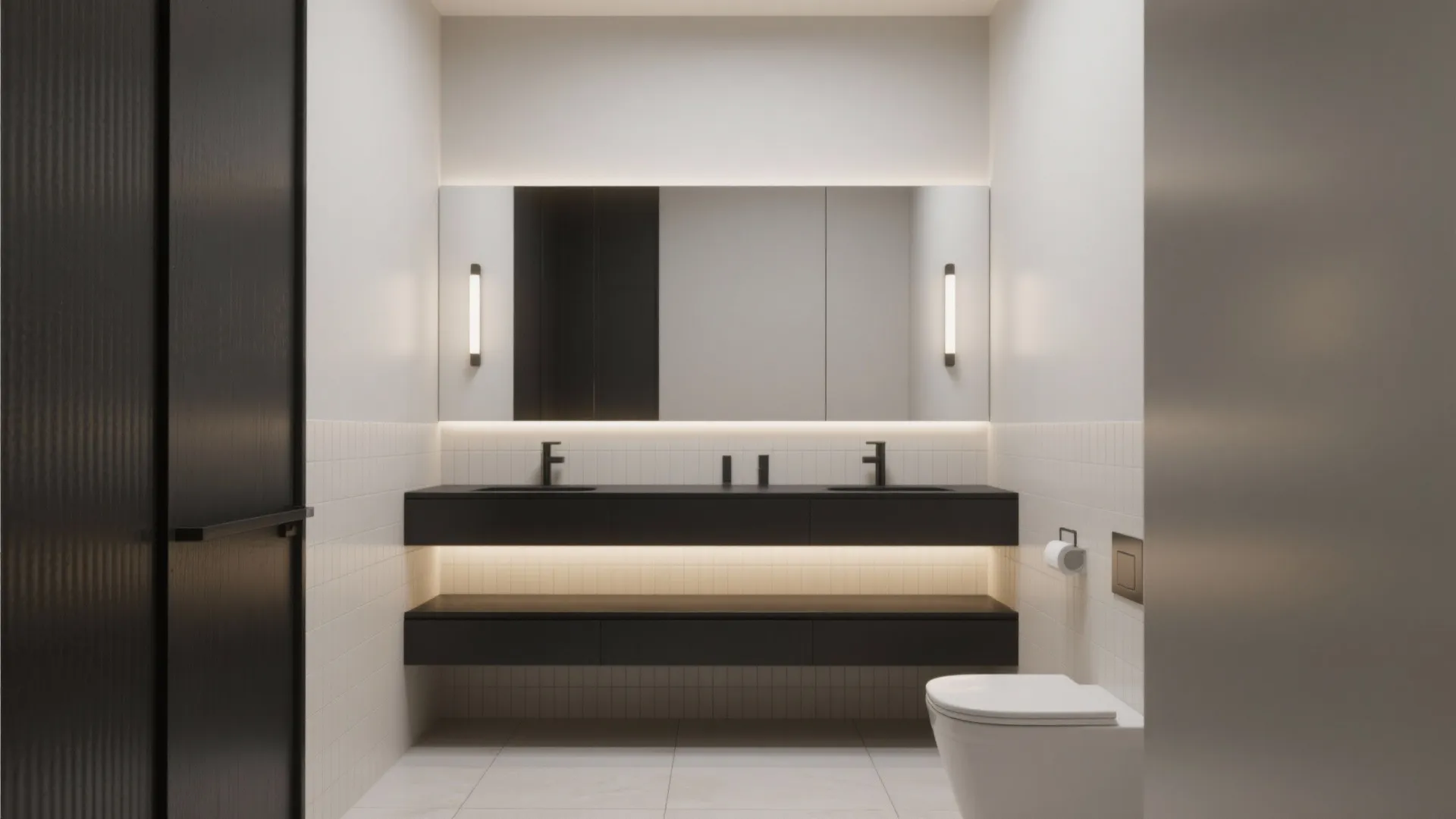 Minimalist bathroom featuring black floating vanity double sinks backlit mirror wall lights and white toilet