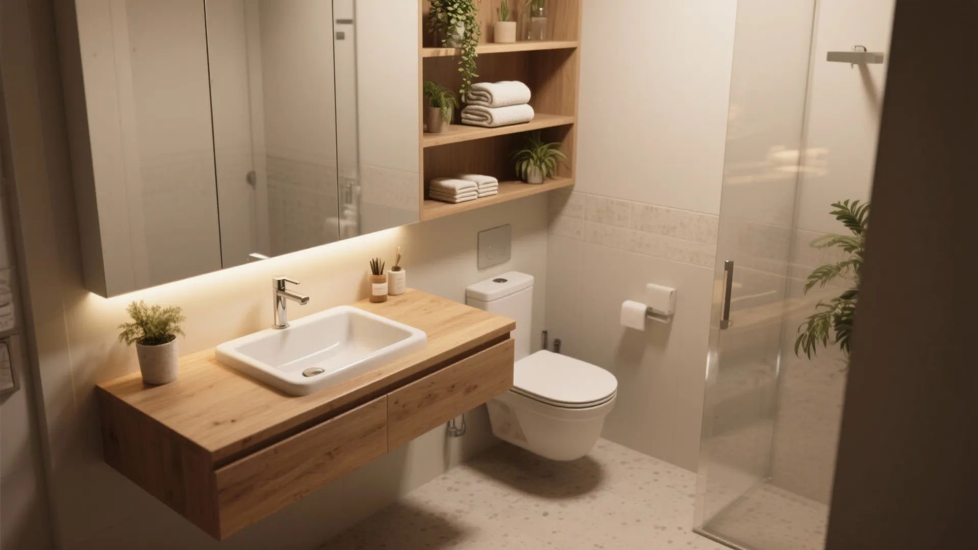 2. Floating Vanity and Open Shelving