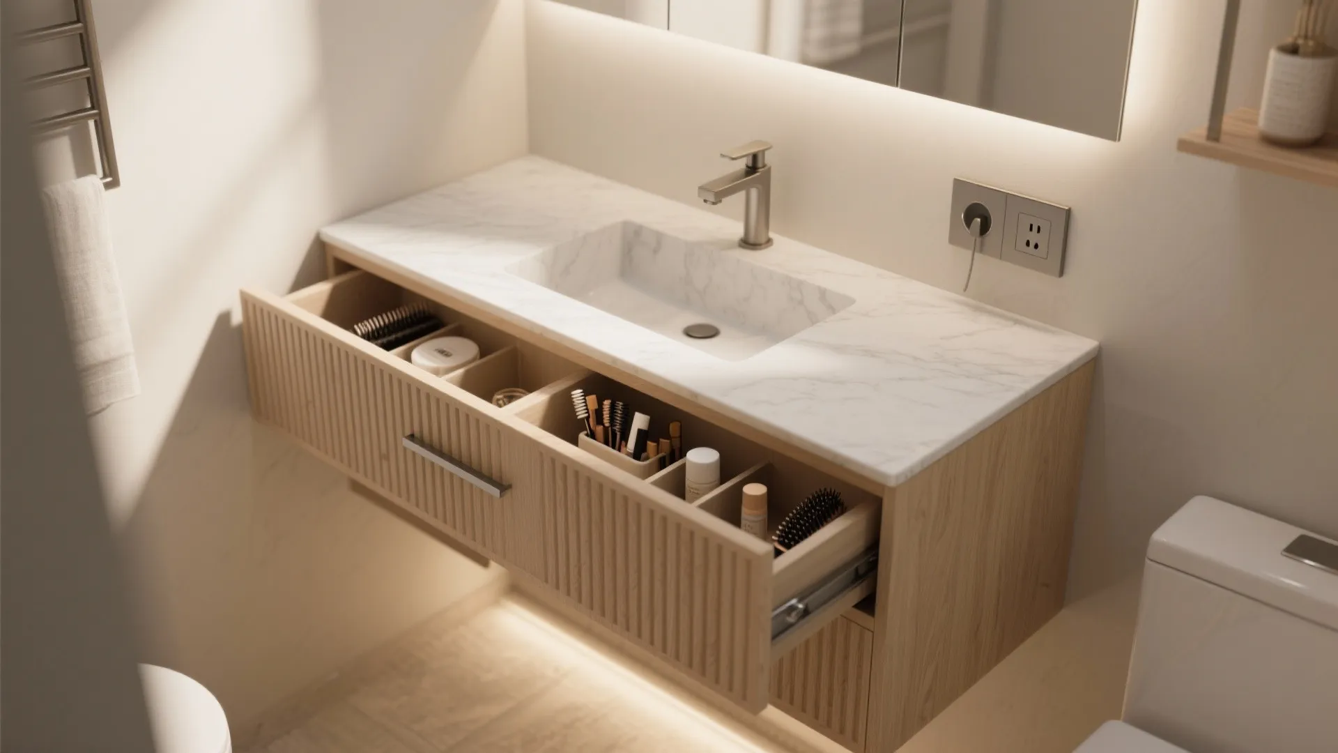 A Slim Floating Vanity With Drawer Dividers
