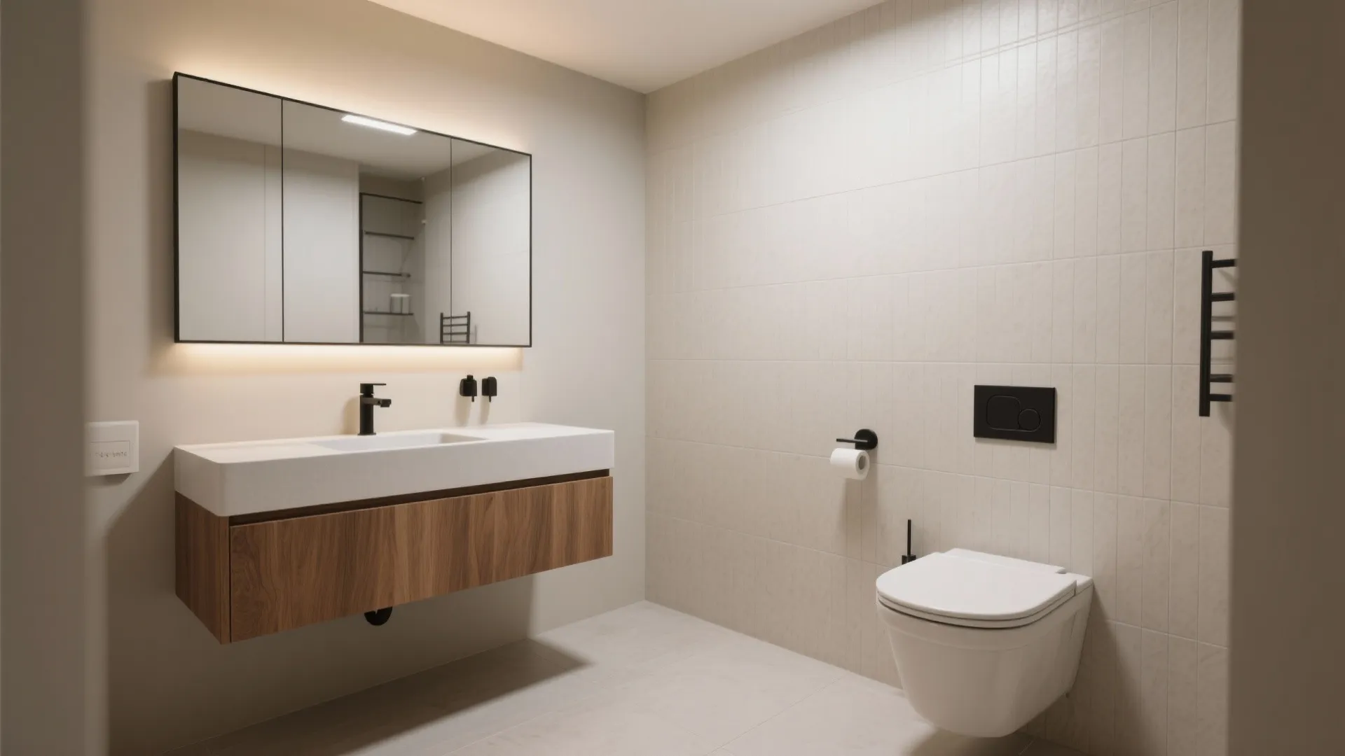 2) Floating vanity + wall-hung toilet to open the floor