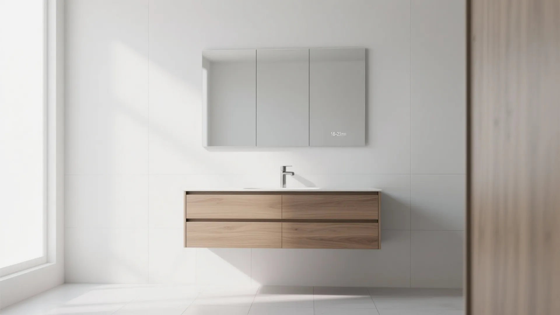 Modern white bathroom with wood floating cabinet mirror and sink in a bright interior design