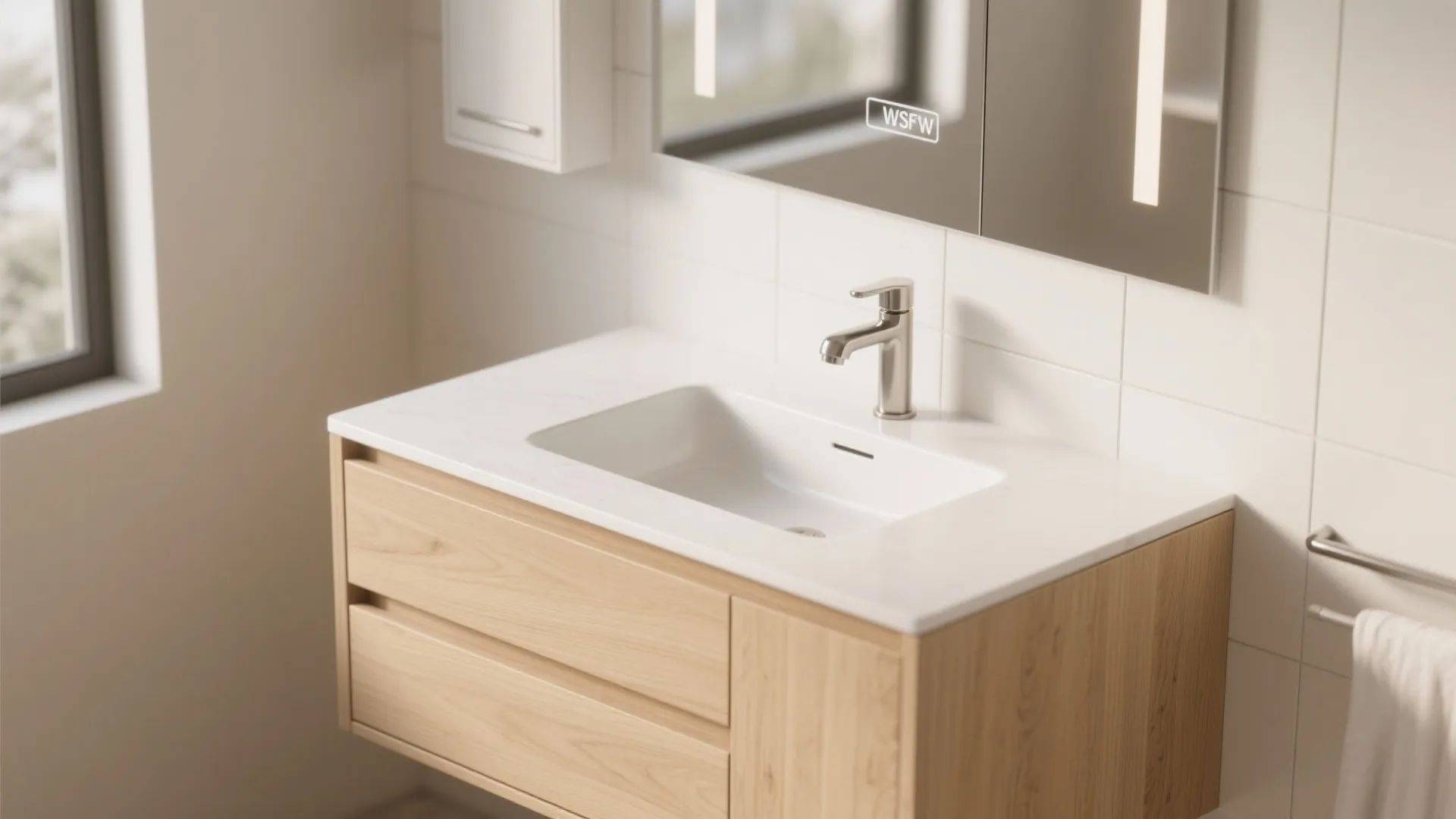 Light wood bathroom cabinet with white sink silver water tap and mirror with digital screen