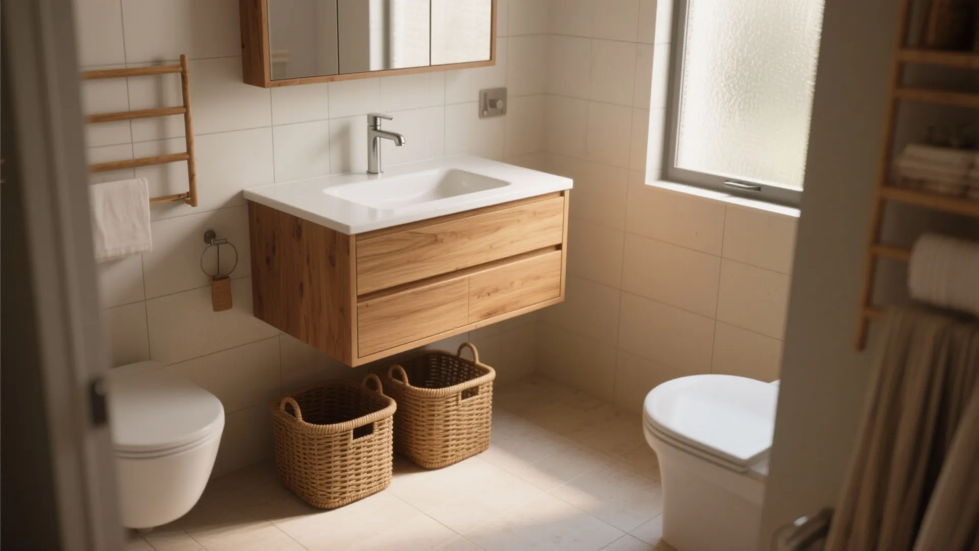 Modern wood bathroom cabinet hanging on wall with white sink and two woven storage baskets below