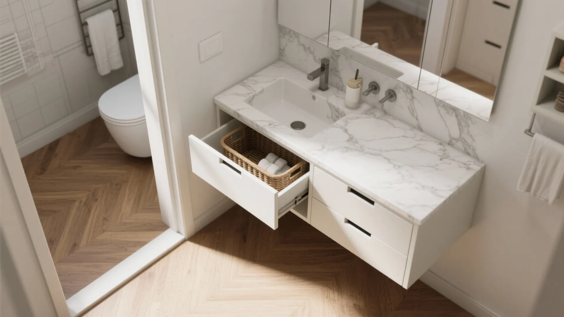 3. Float the vanity with a thin marble top