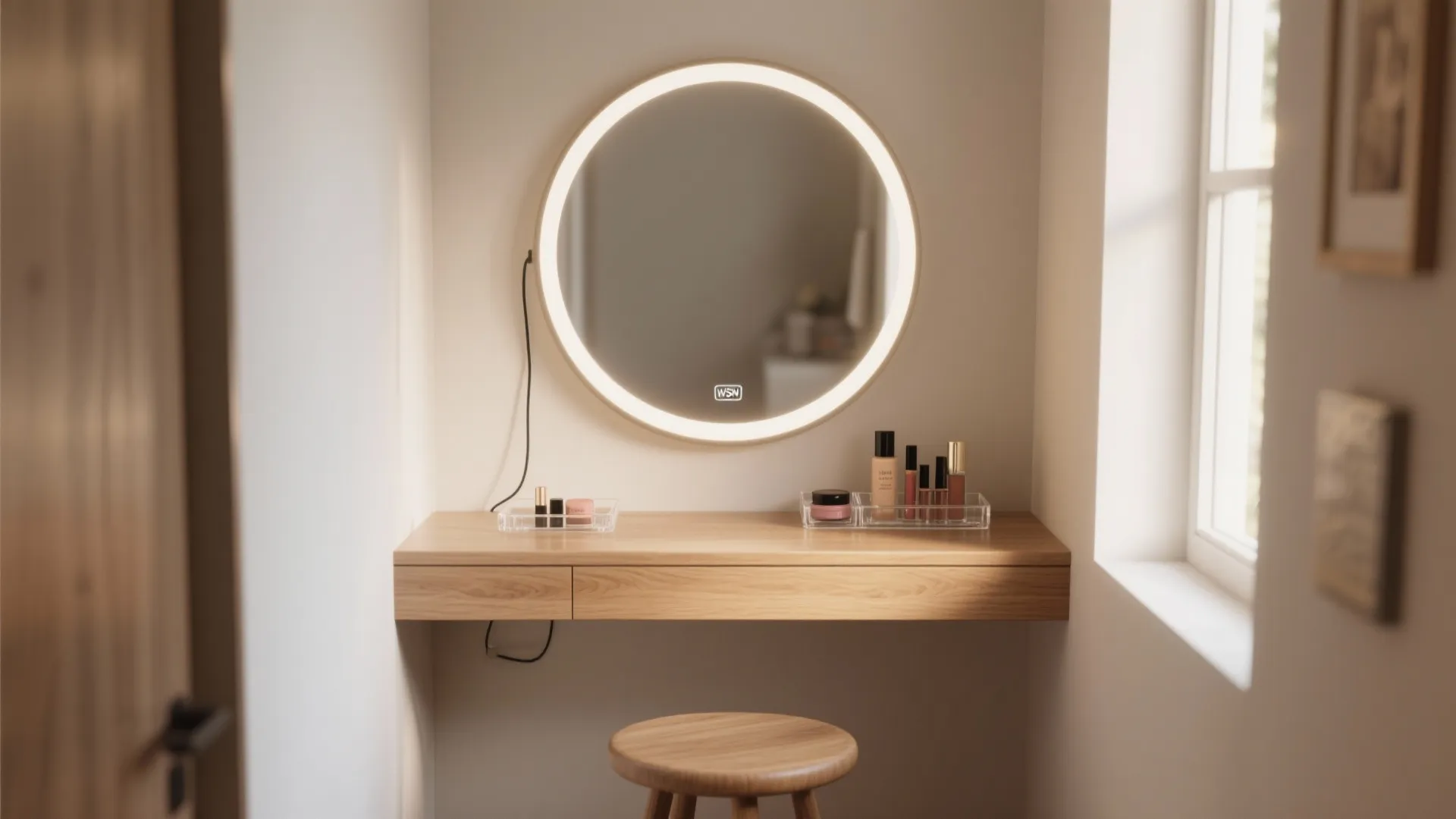 Modern wooden floating desk with round glowing mirror small stool and makeup bottles near a window