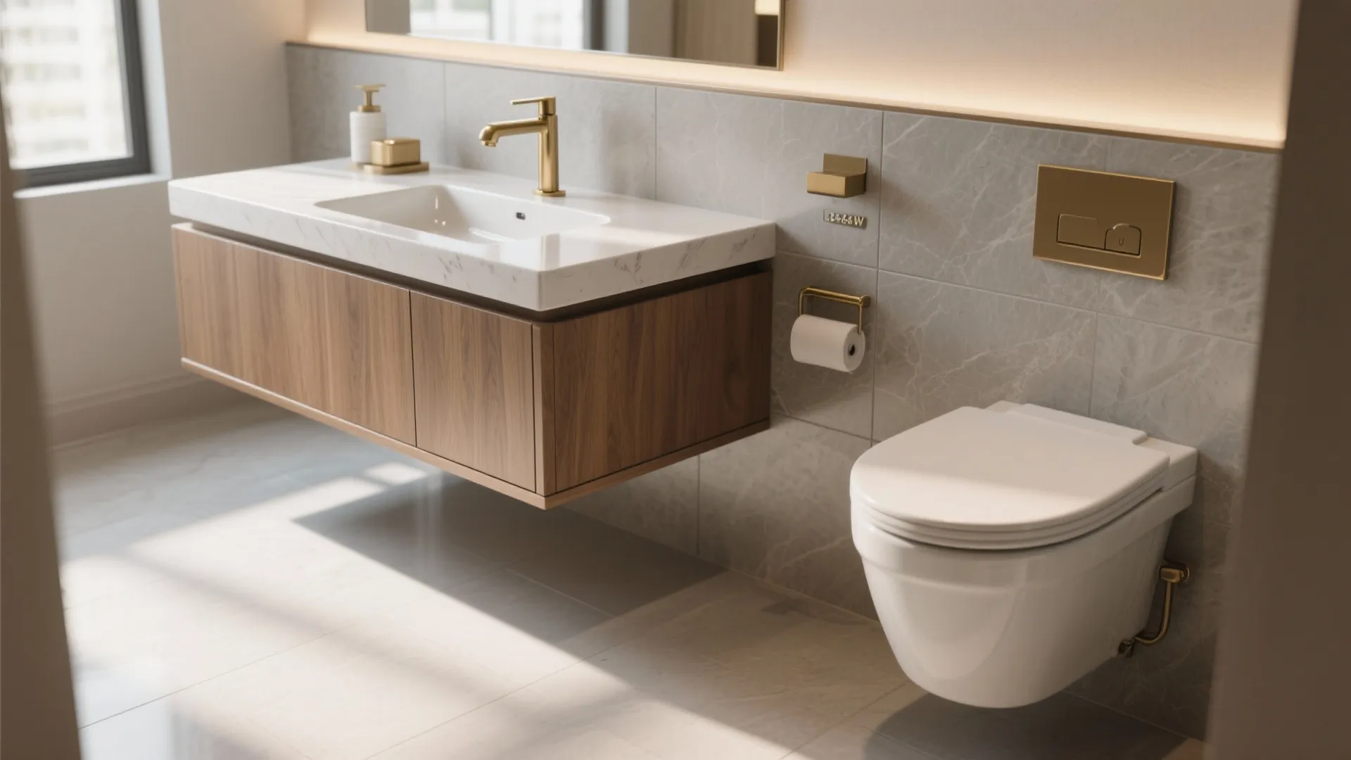 Modern bathroom with a wooden floating cabinet, white sink, gold faucet, and wall-mounted white toilet