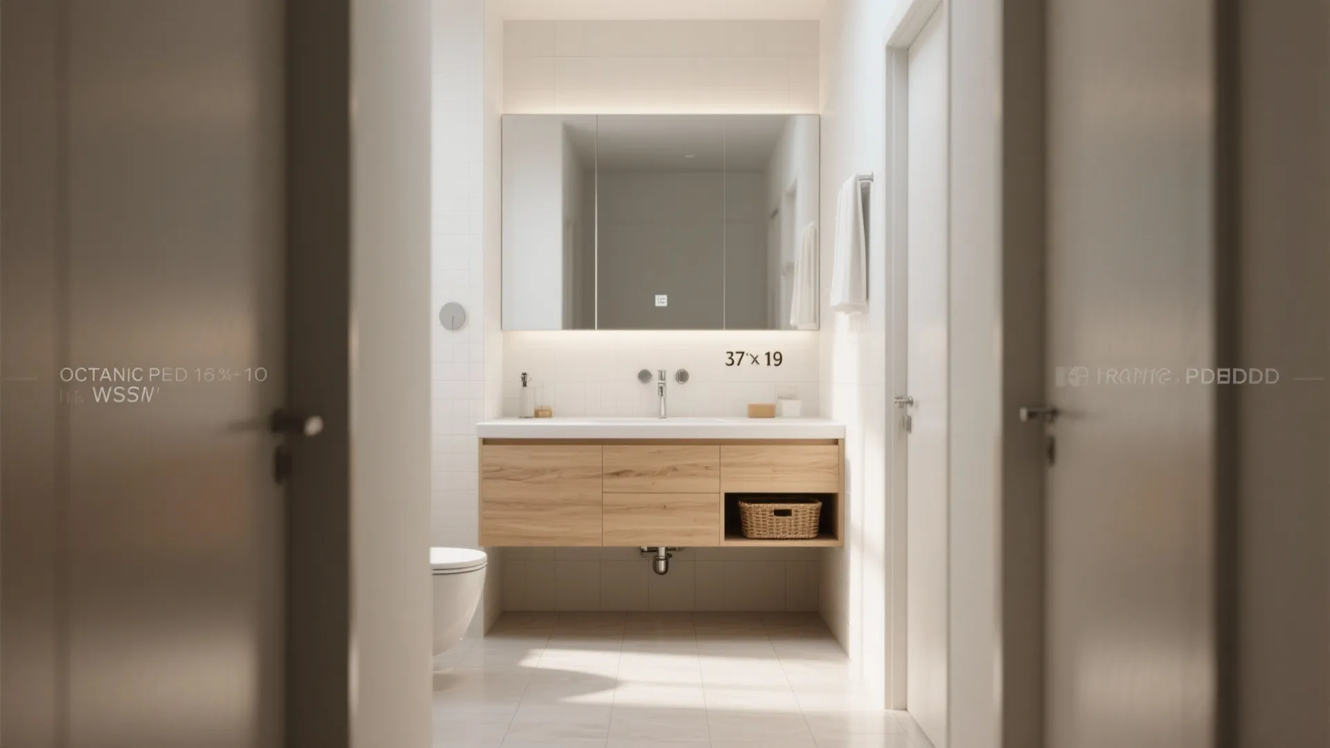Bright bathroom interior design with wood wall cabinet mirror with lights white walls and tiled floor