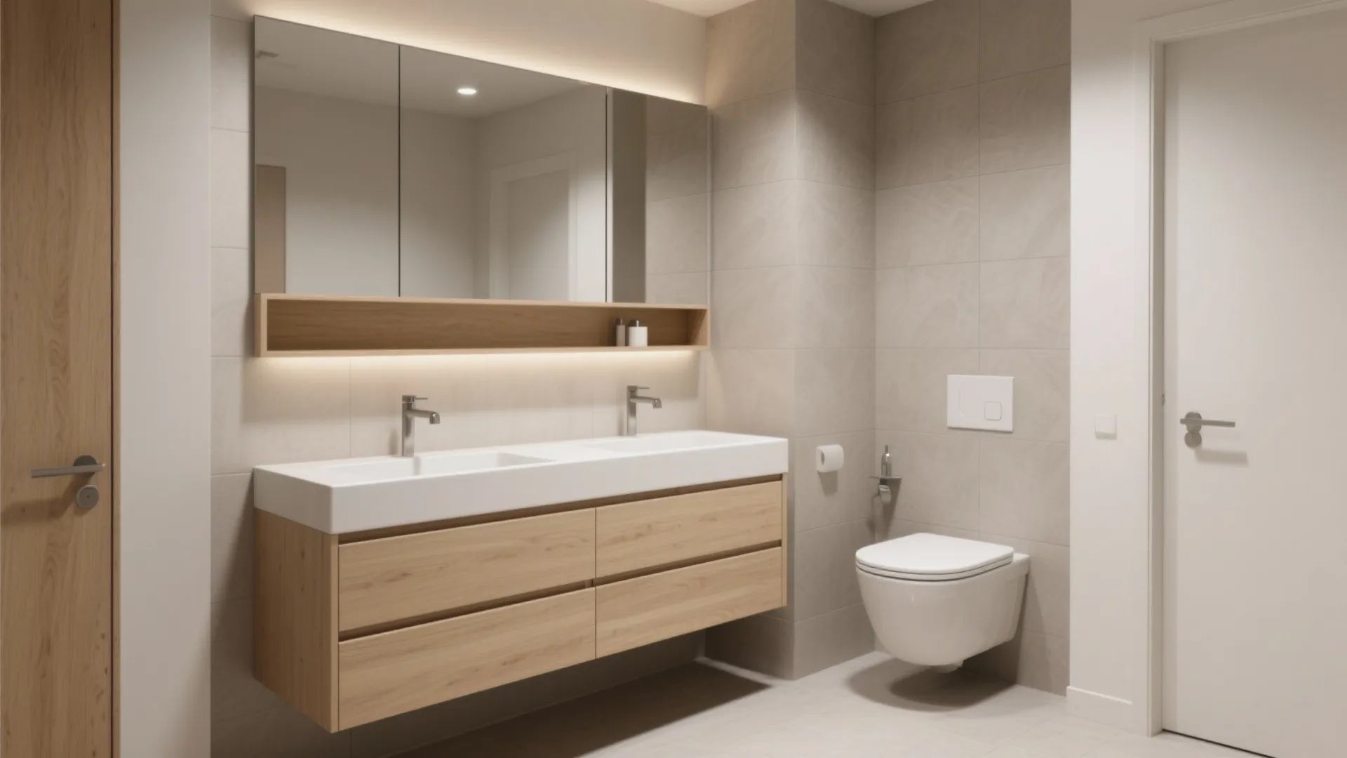 Modern bathroom featuring wooden floating cabinet double sinks large mirror white toilet and beige wall tiles