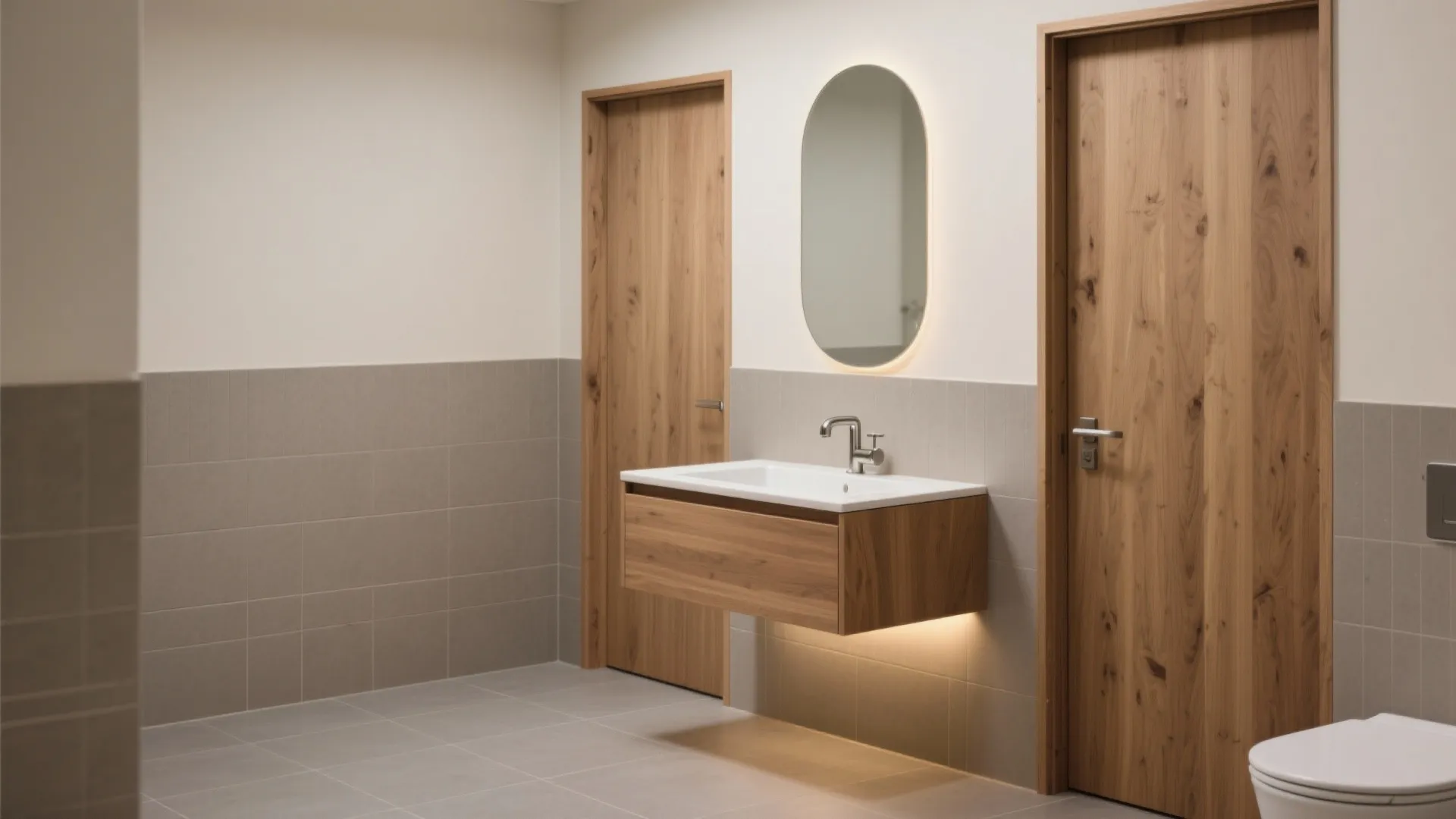 Modern bathroom with floating wood cabinet under oval mirror between two light wood interior doors