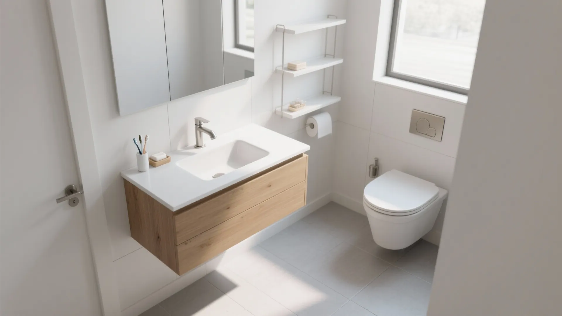 Minimalist vertical storage with a floating vanity