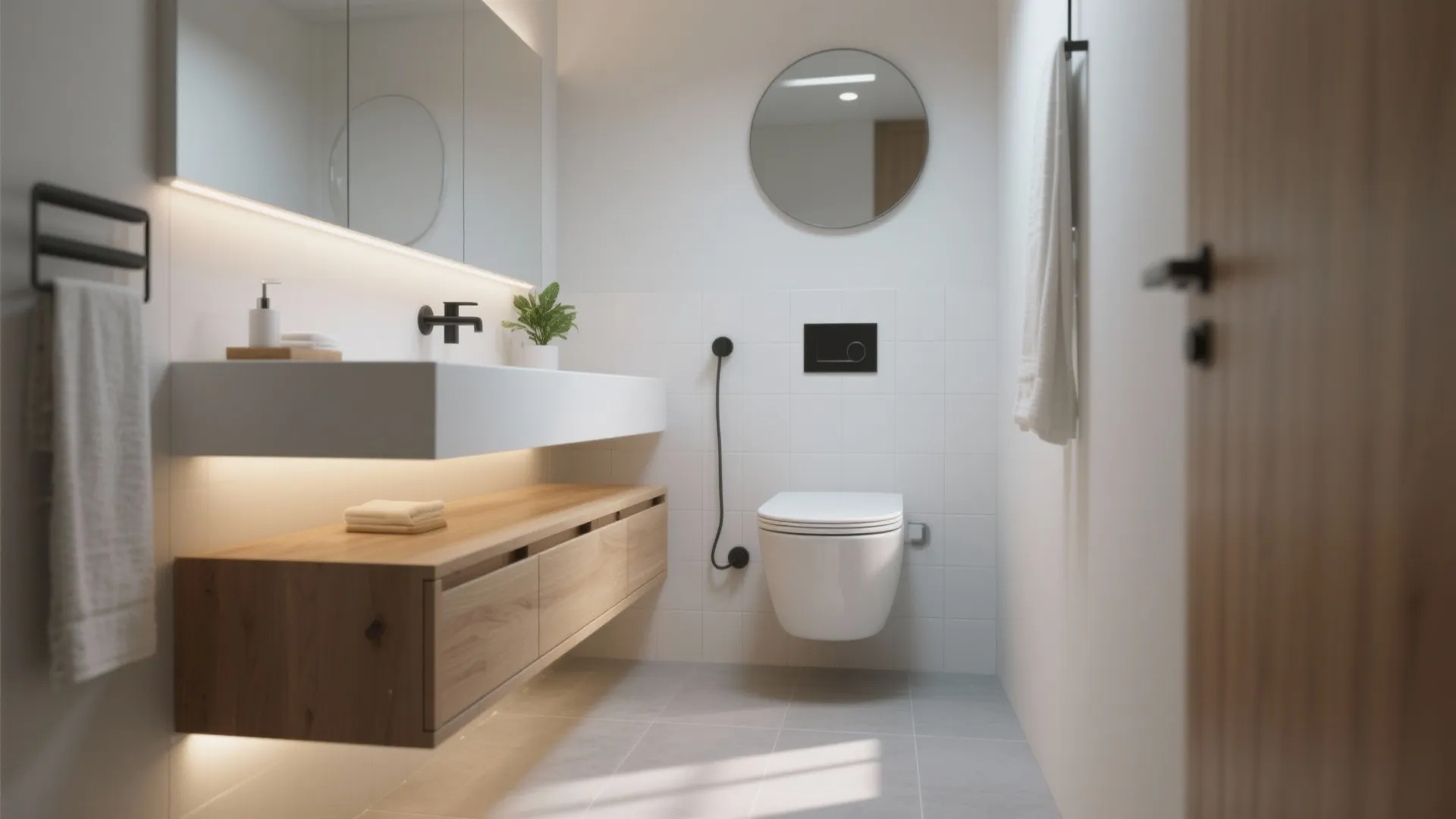 Floating vanity and wall-hung fixtures for breathing room