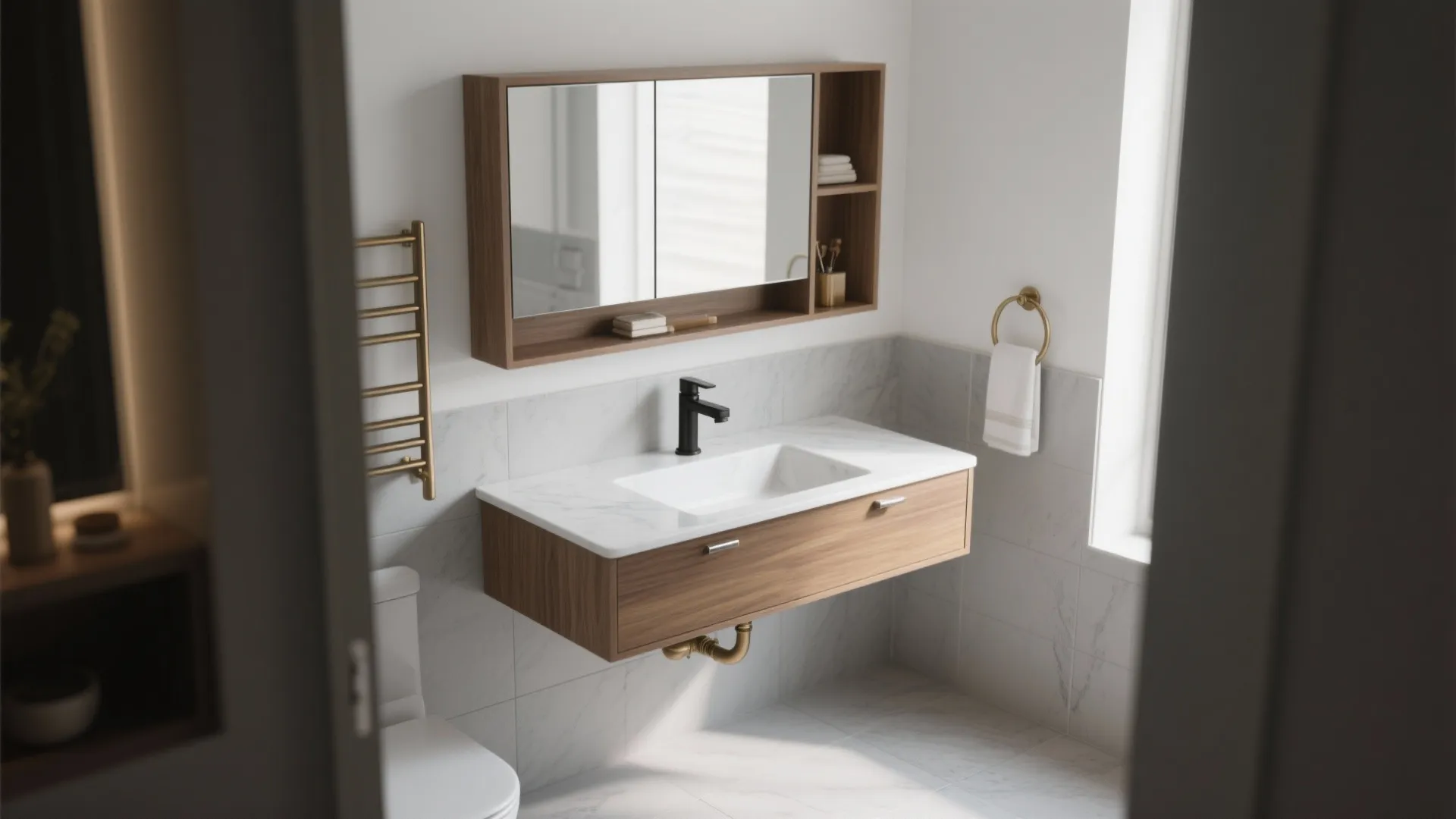 Floating Vanity + Wall Cabinets for Airy Floors