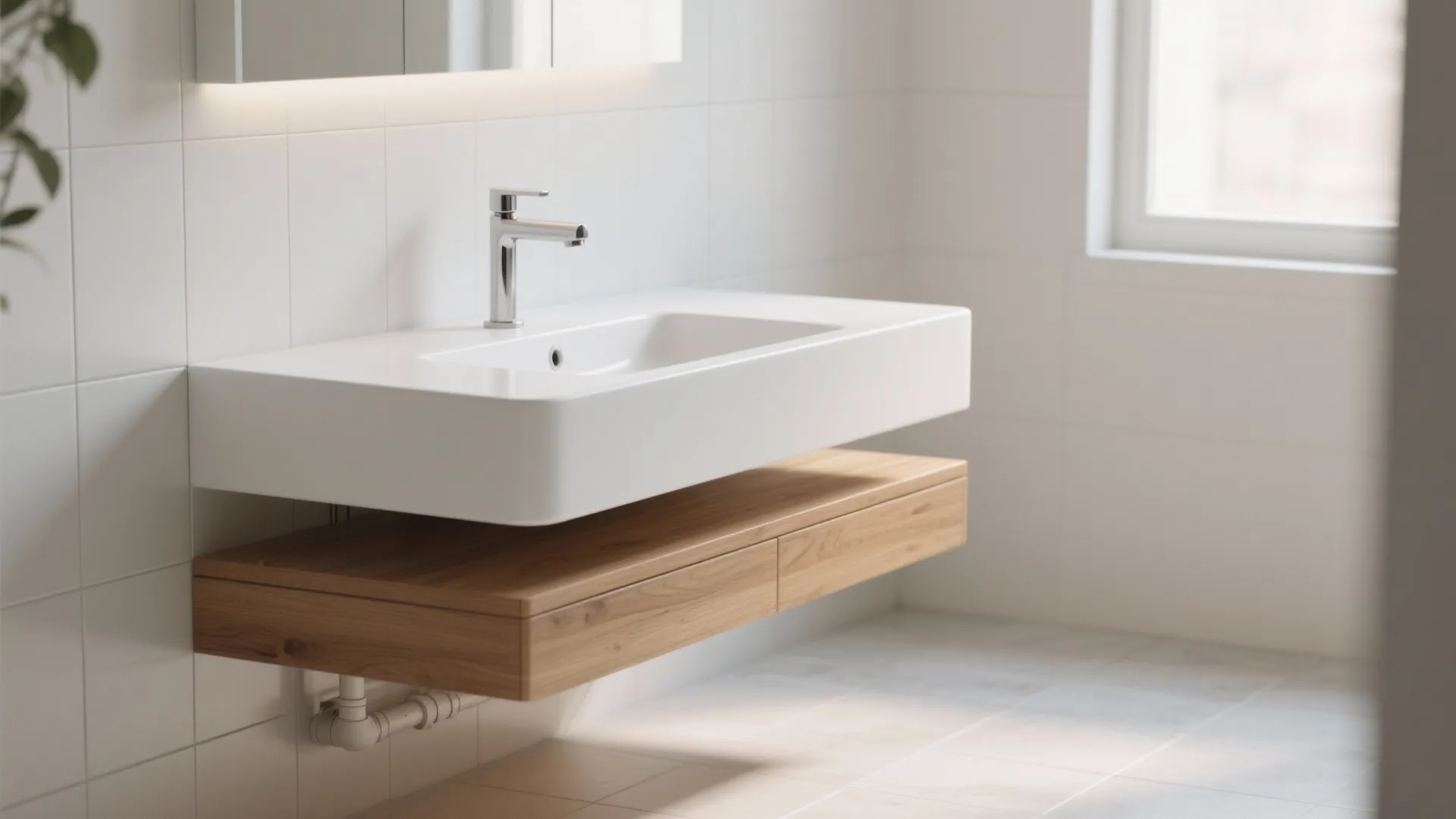 2. Floating White Vanity with Wood Accents: Airy and Modern