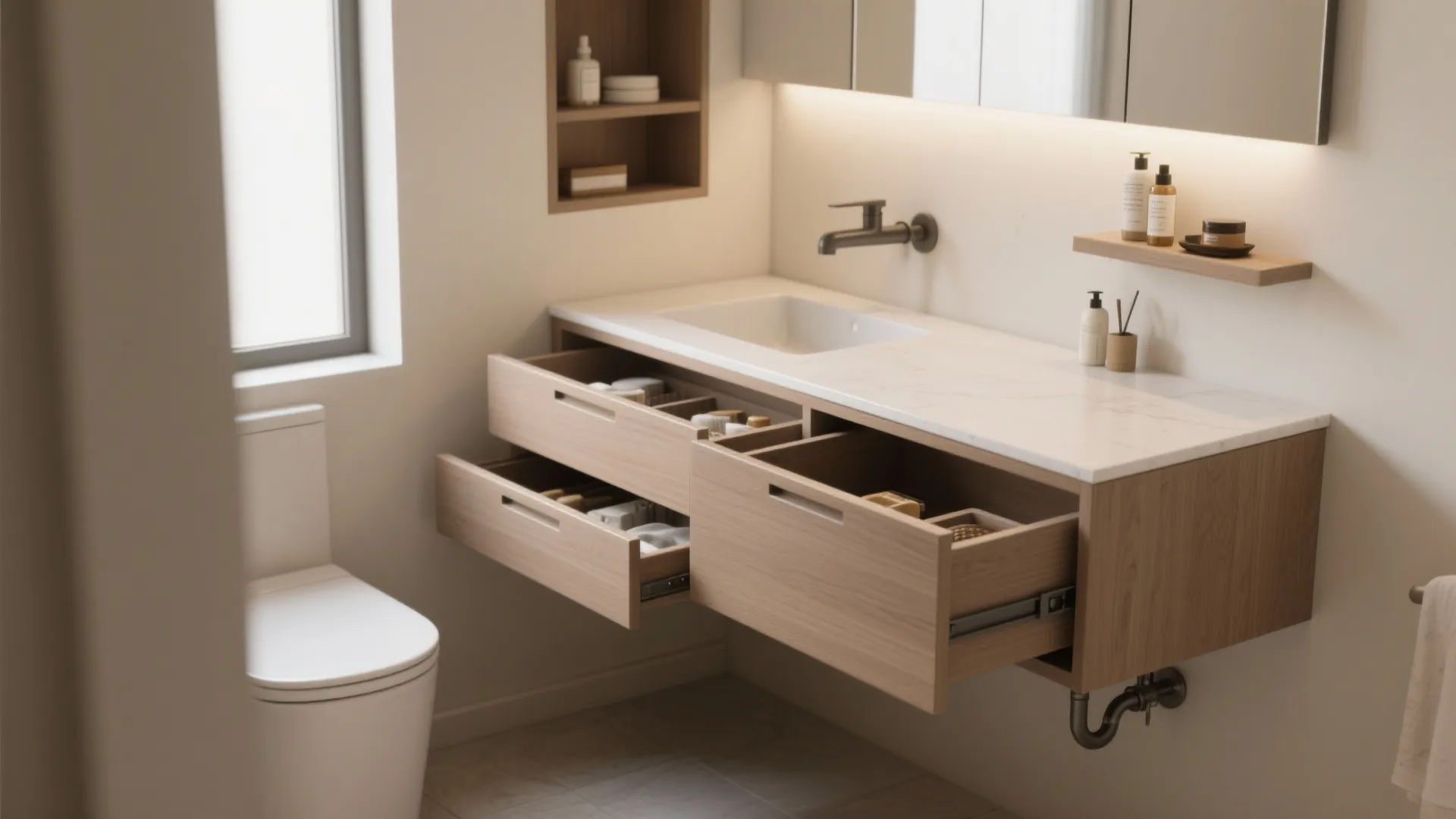 Floating wooden bathroom cabinet with open drawers showing storage organizers white sink and white toilet
