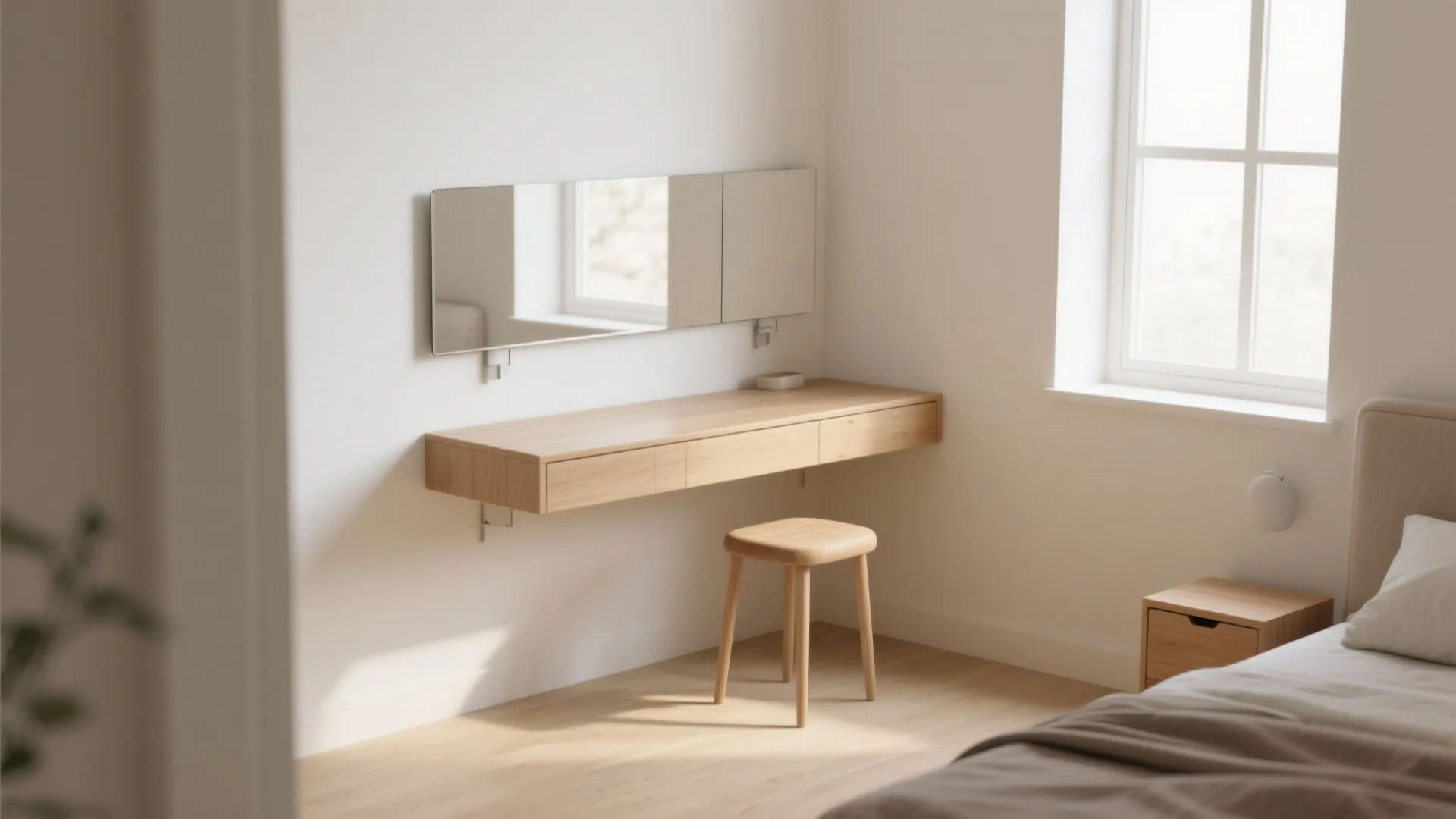 Floating wall-mounted vanity with slim stool tucked underneath, showing airy floor space and minimalist design.