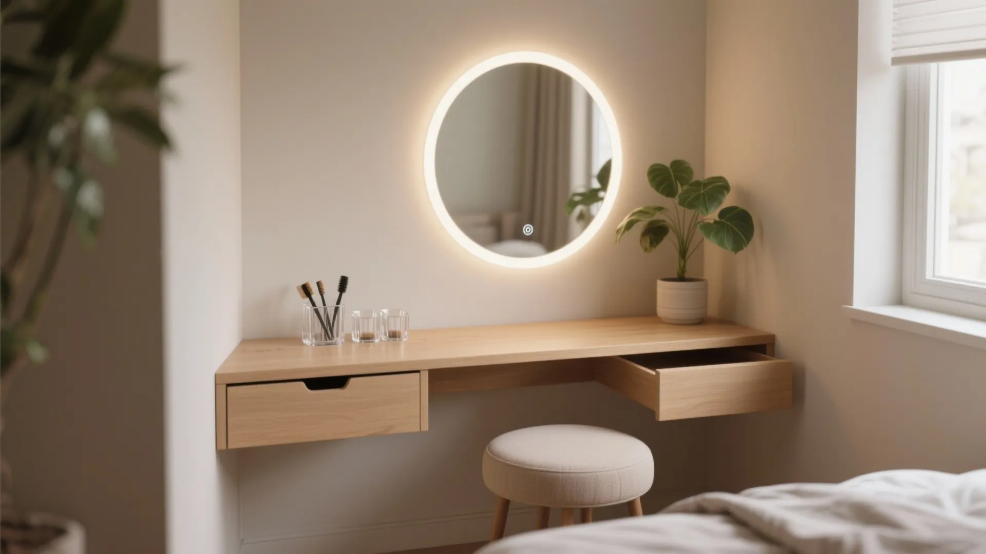 1. Floating shelf vanity with a backlit mirror