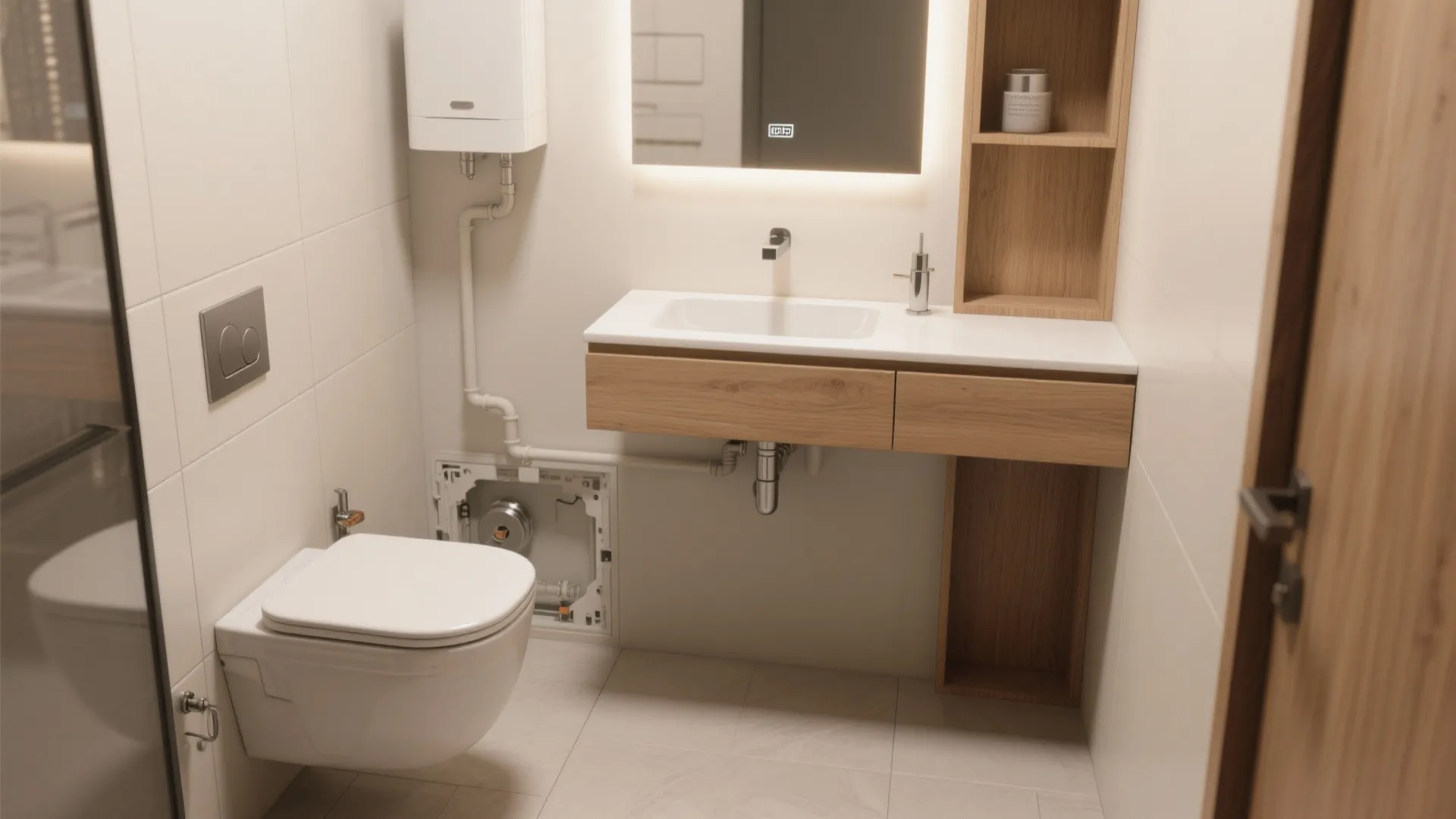 Floating vanity and wall-hung toilet creating visible floor space and a contemporary look in a compact bathroom.