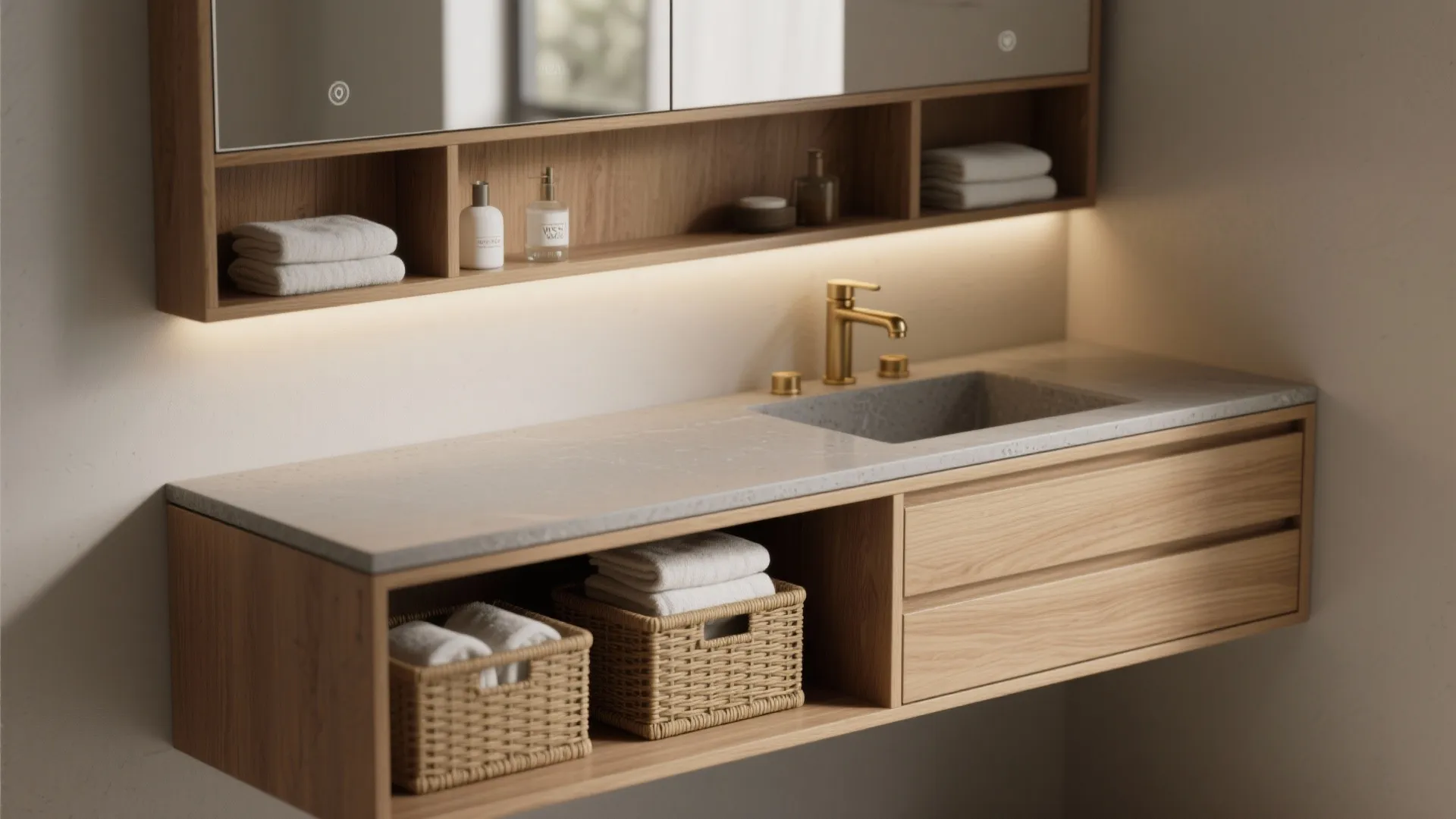 Modern wooden floating bathroom cabinet with stone sink gold tap mirror and white towels display