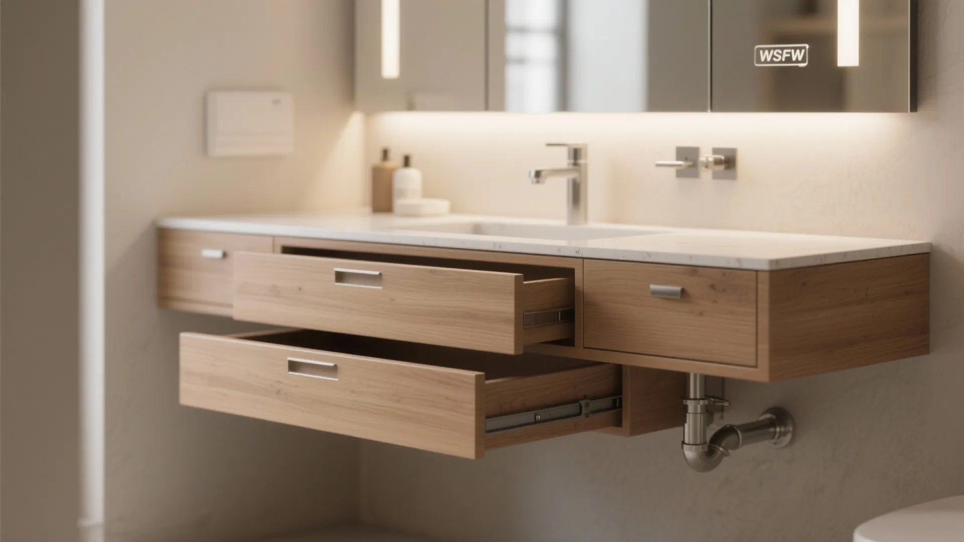 2. Floating vanity + concealed storage