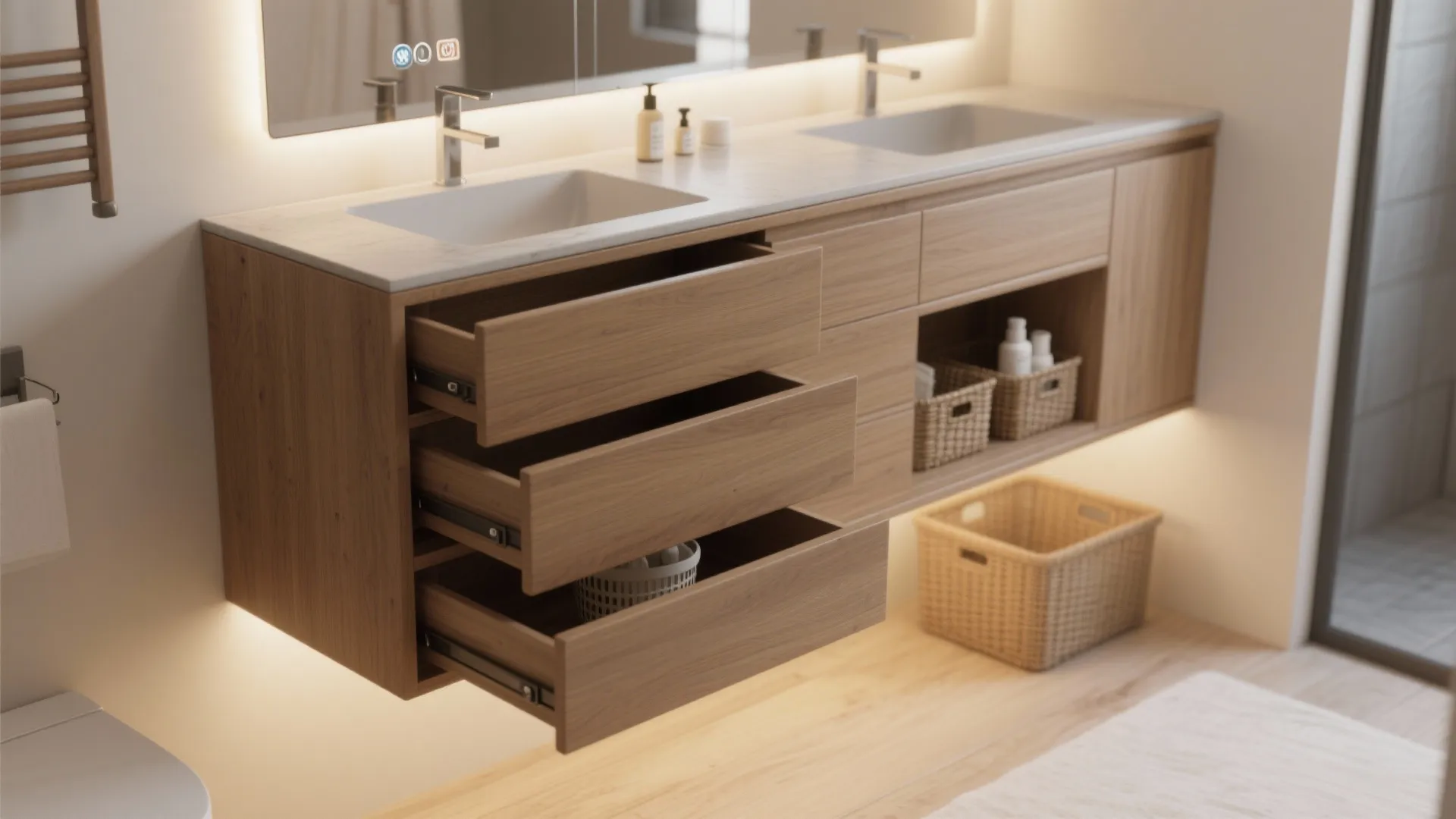 3. Floating vanity with integrated storage
