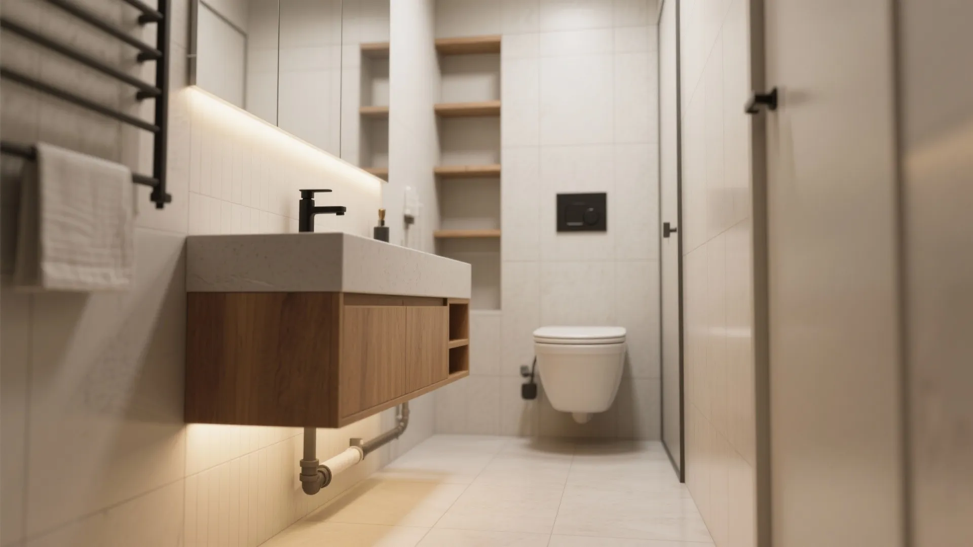 2. Floating vanity plus wall-hung toilet