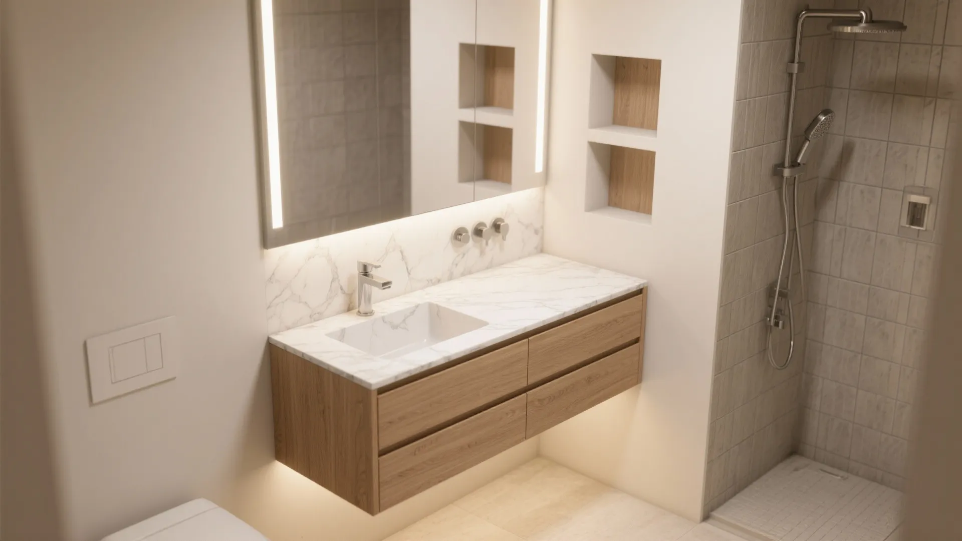 2. Choose a floating vanity and recessed niches