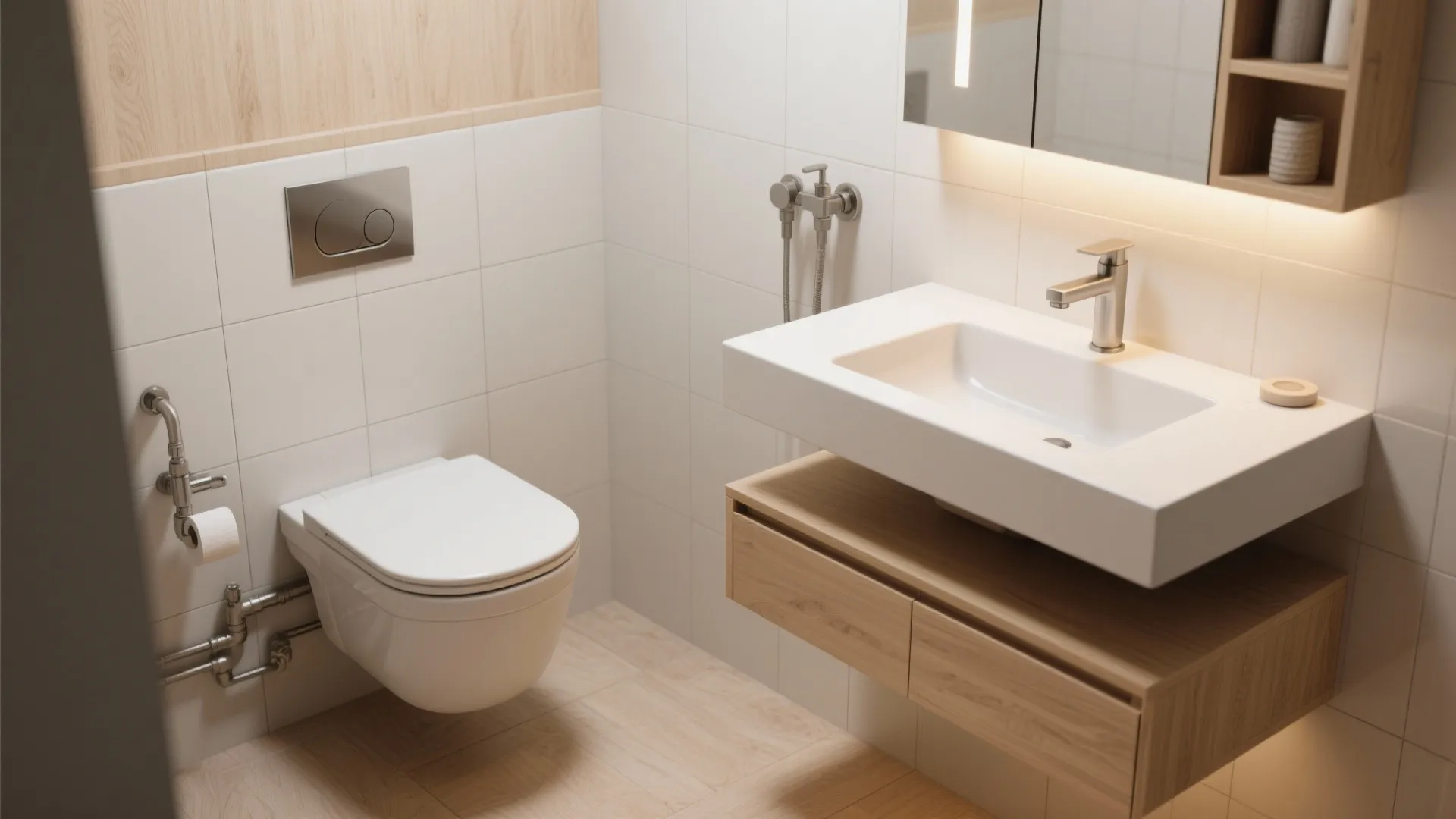2. Wall-mounted fixtures and a floating vanity