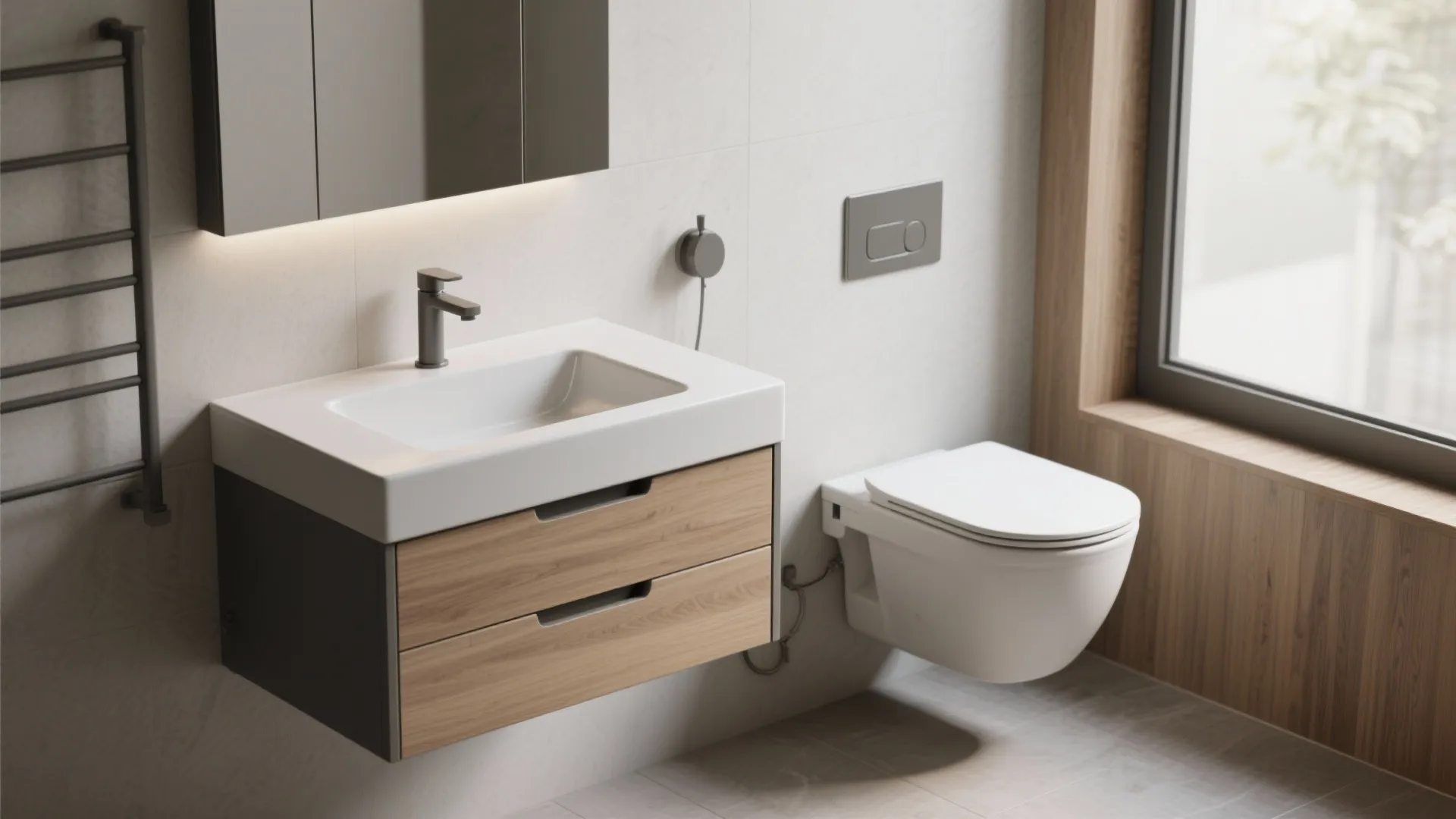2. Use a floating vanity and wall-hung toilet