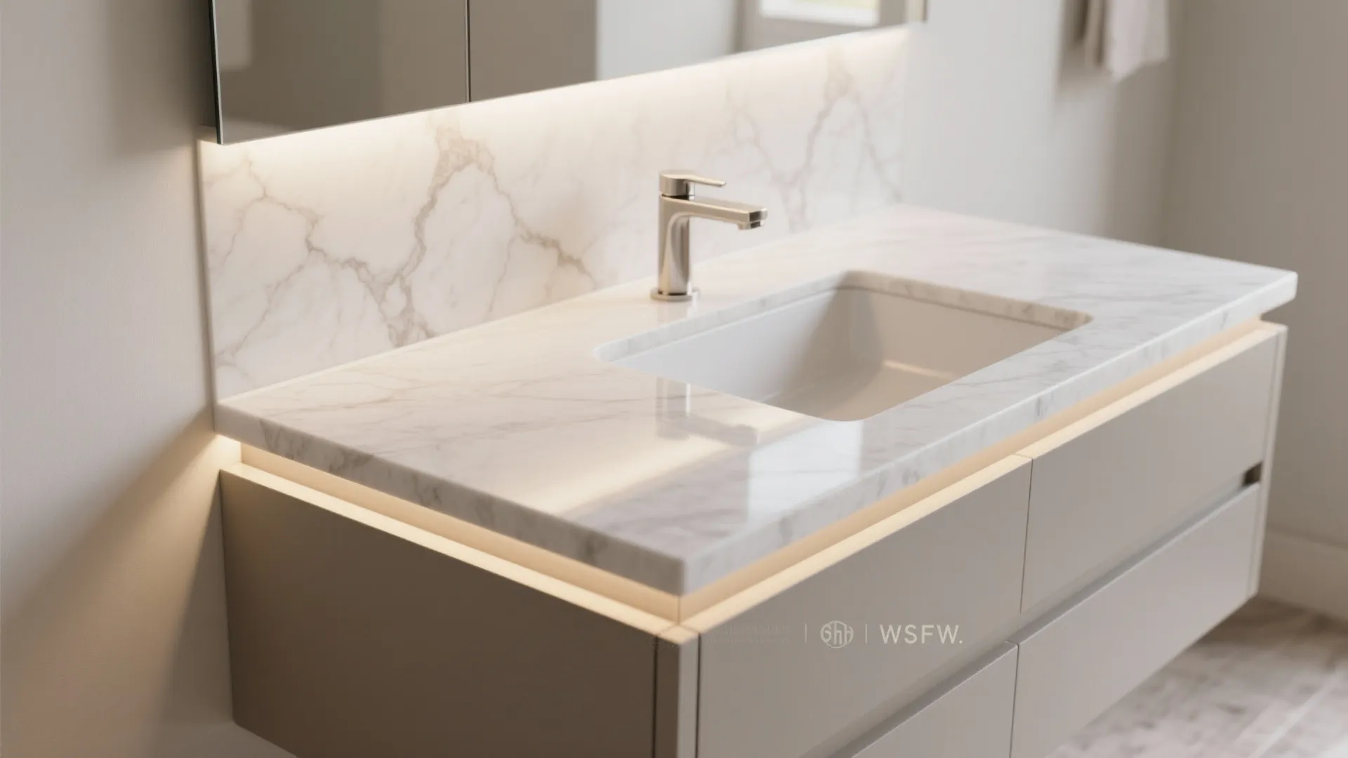 Floating Vanity with a Vein-Matched Slab Counter and Backsplash