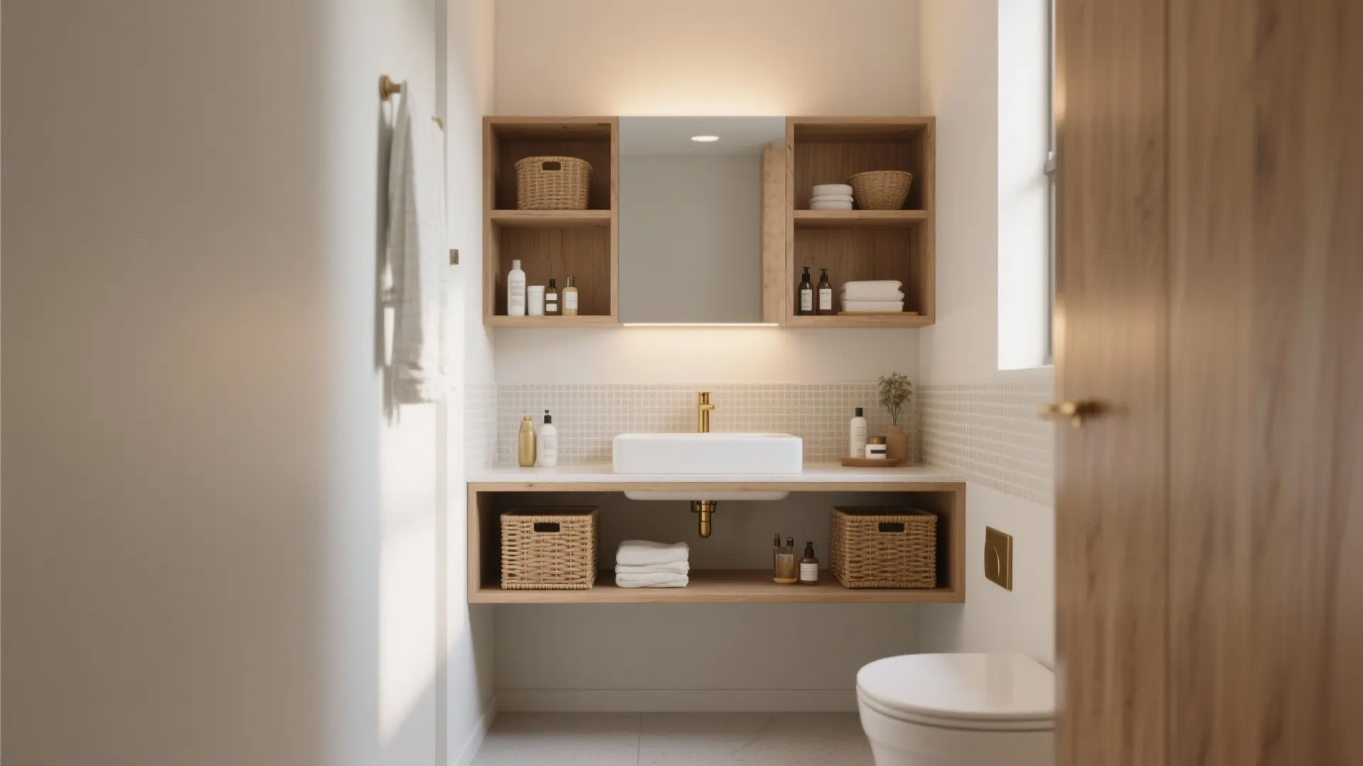 2. Install a floating vanity and open shelving