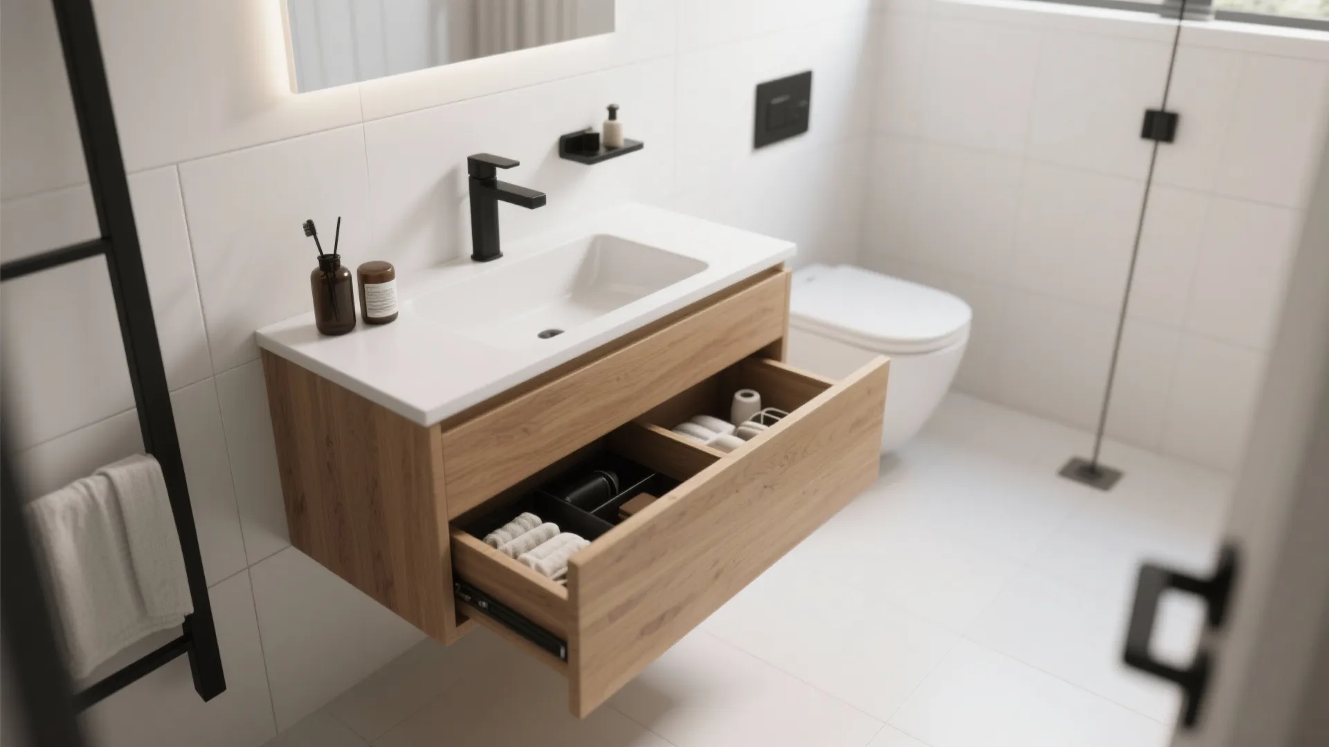 3. Floating vanities and hidden storage