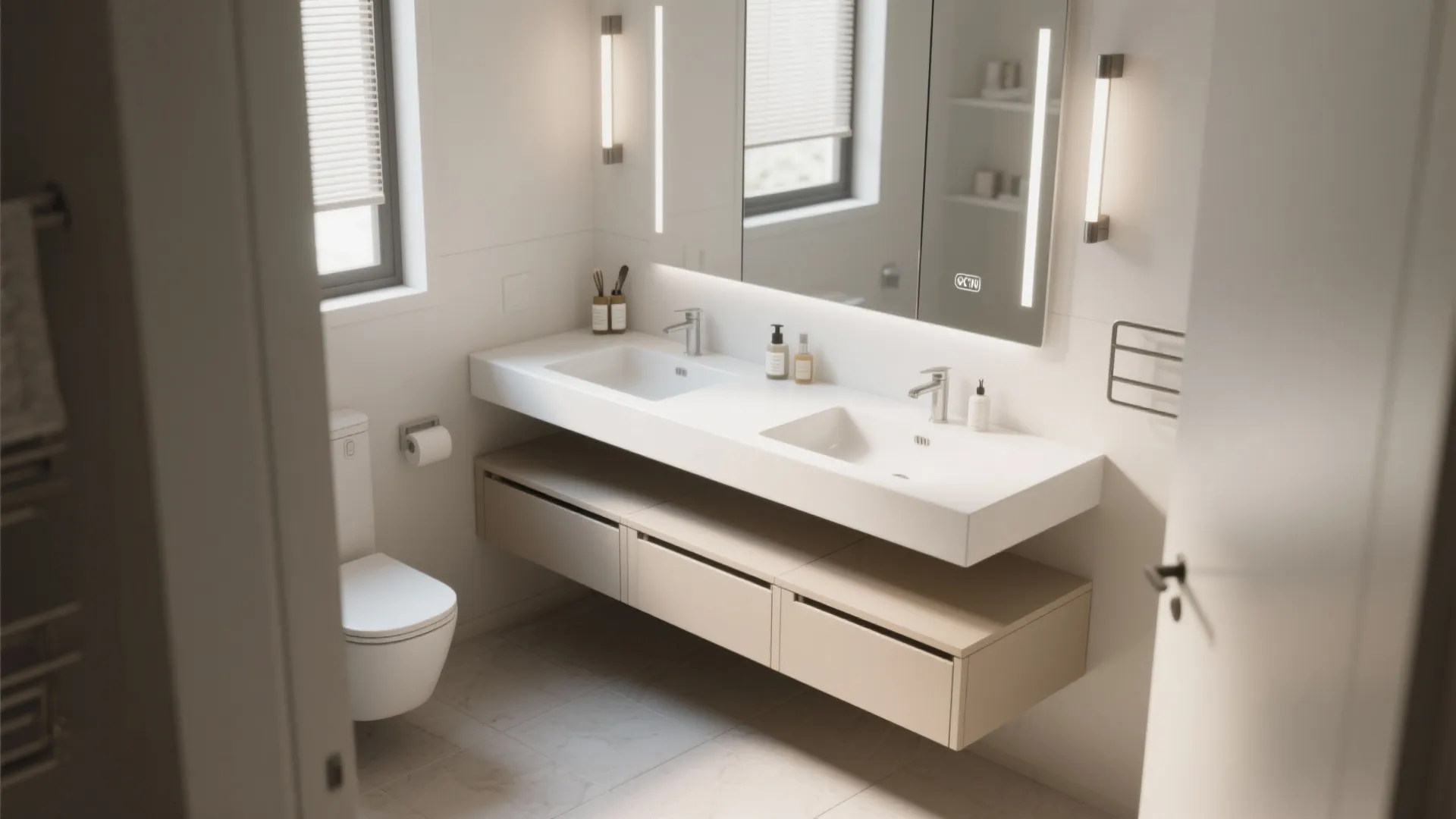 2. Floating Vanity and Slim Fixtures