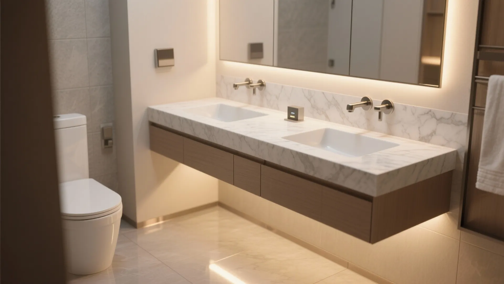 Floating wood bathroom cabinet with double sinks and marble top next to a white toilet