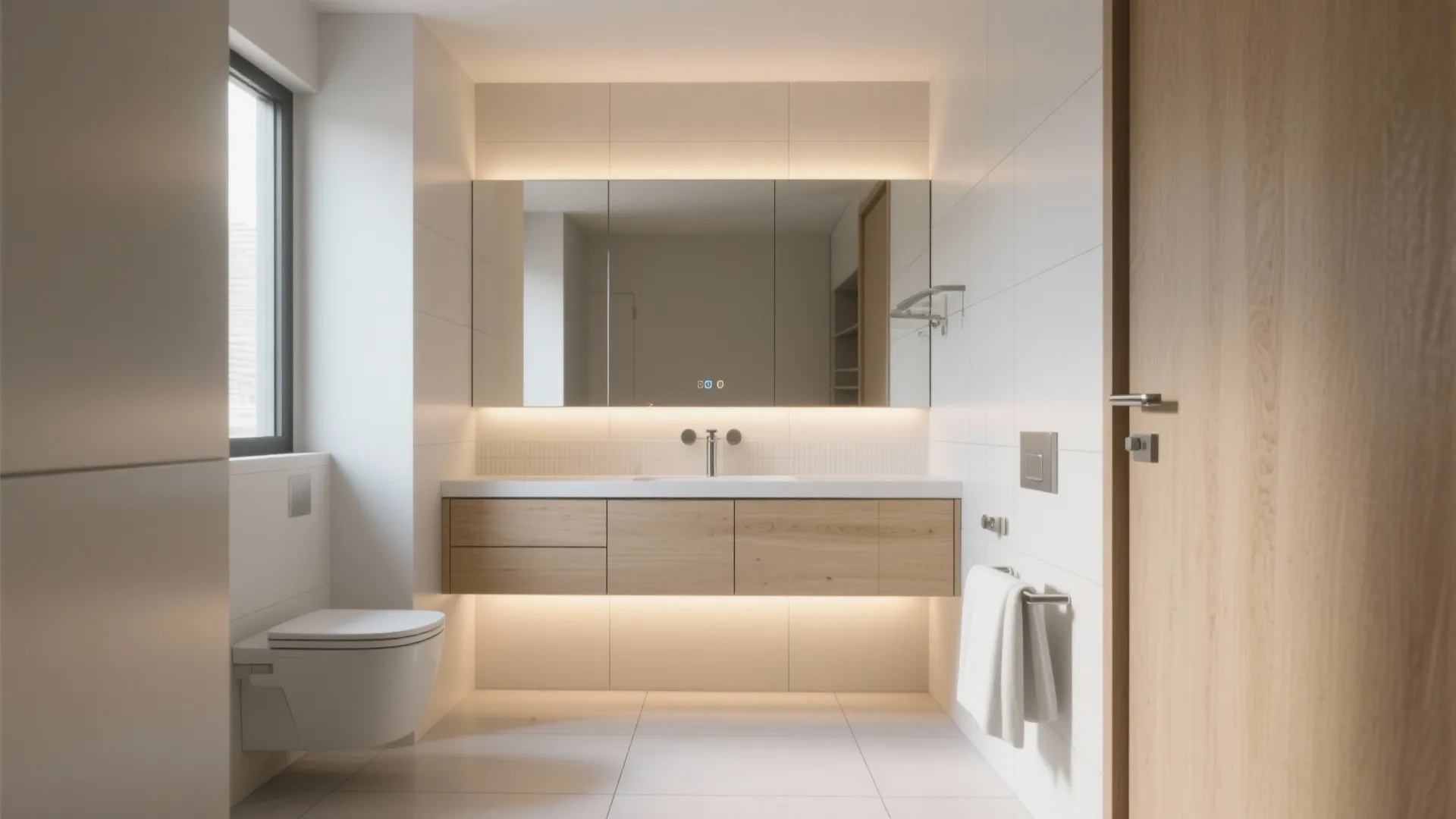 Minimalist vanity-and-mirror set that floats