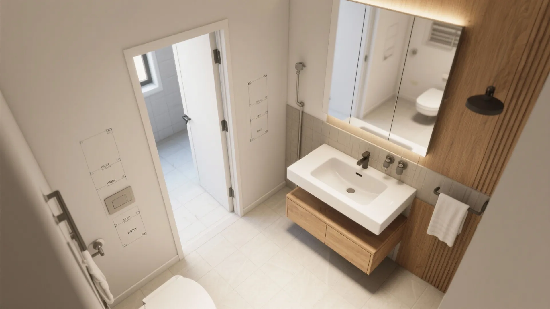 3. Floating vanity + pocket door for real space gains